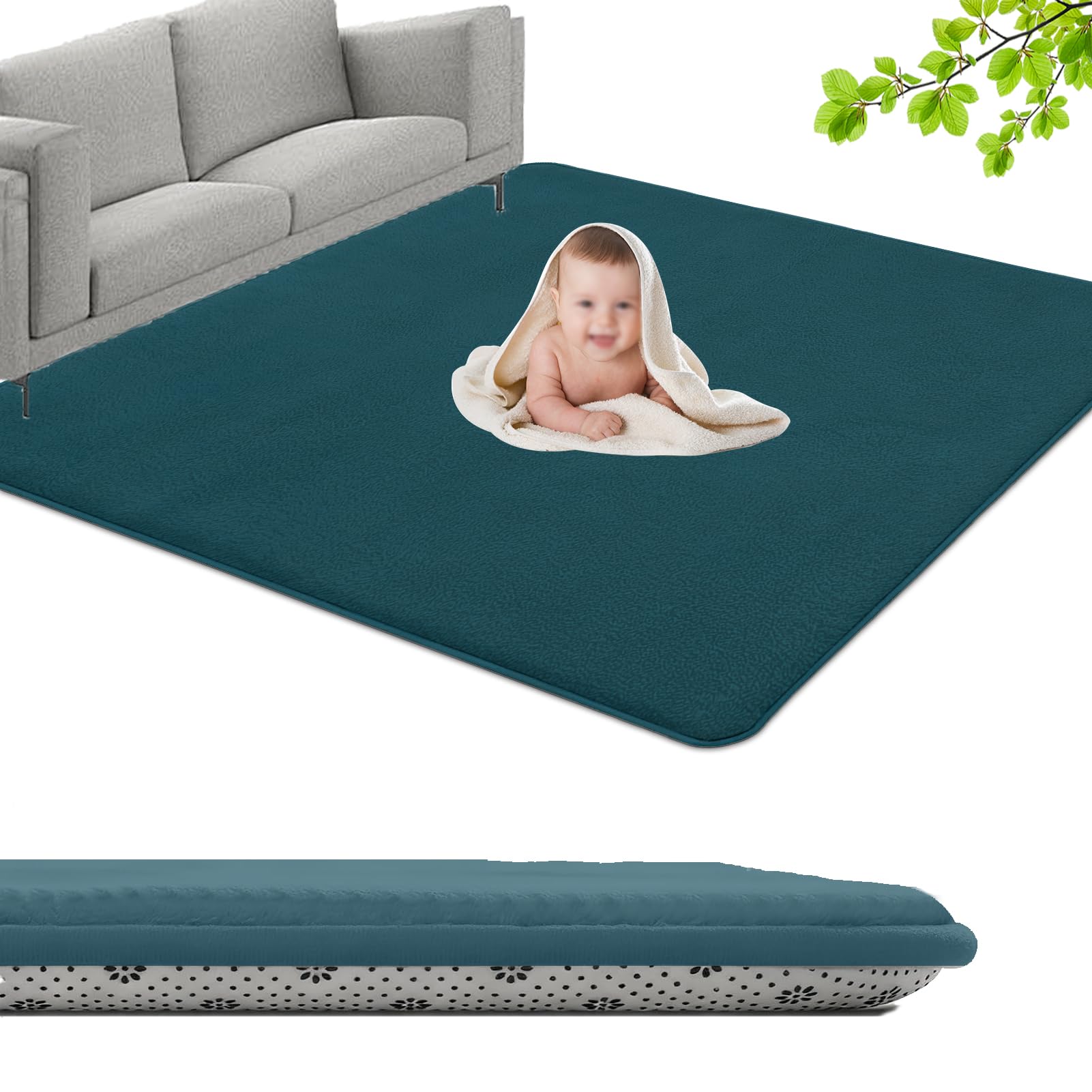 GmyoieqI Large Coral Velvet Baby Play Mat, 3CM Memory Foam Area Rug 150 x 150 cm Children's play mat Soft Play & Tummy Time, Playmat for Floor with Non-Slip Backing Crawling, Easy Care Rug Green