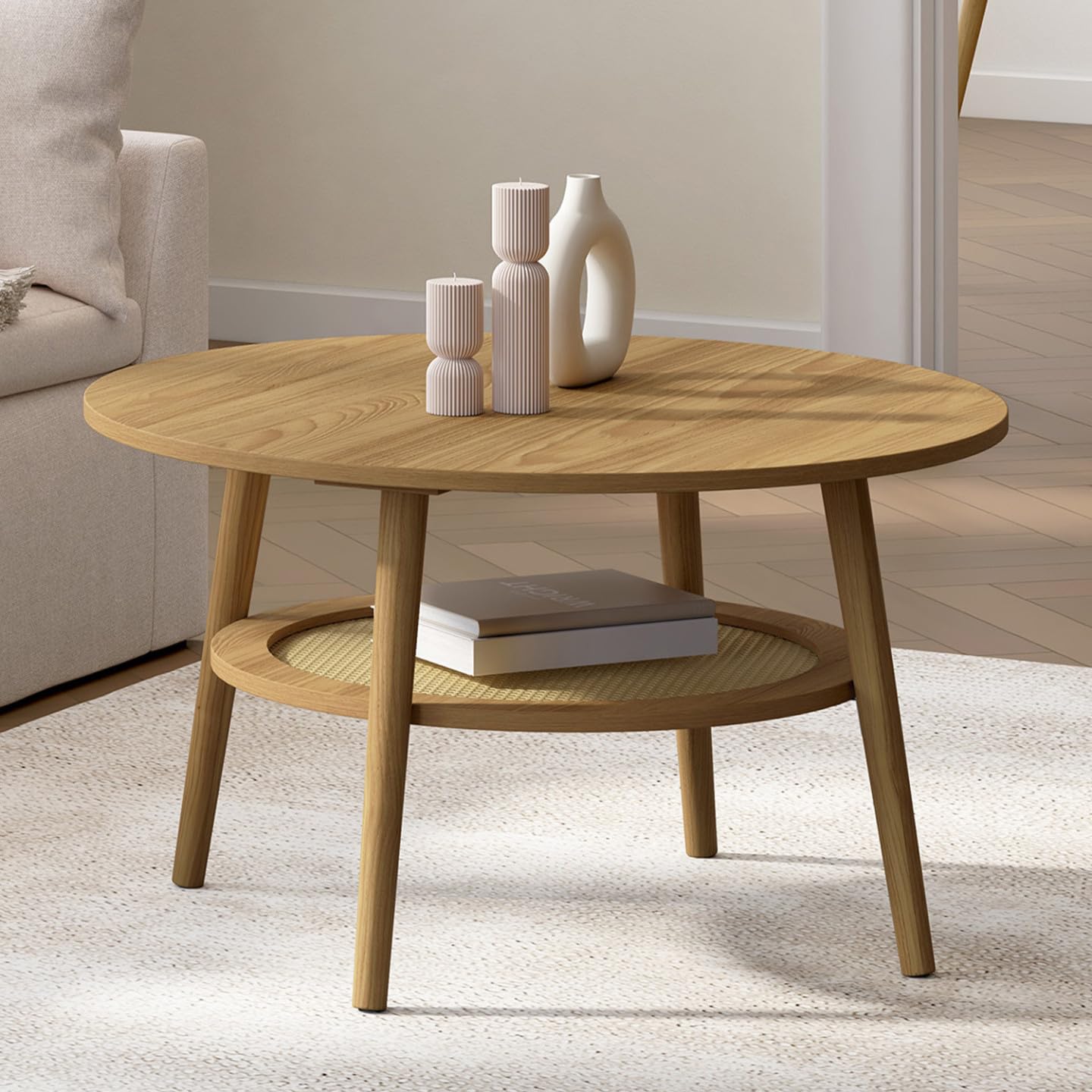 IDMarket – Mesa baja 70 cm HANAE redonda madera forma haya y bandeja efecto natural cannage