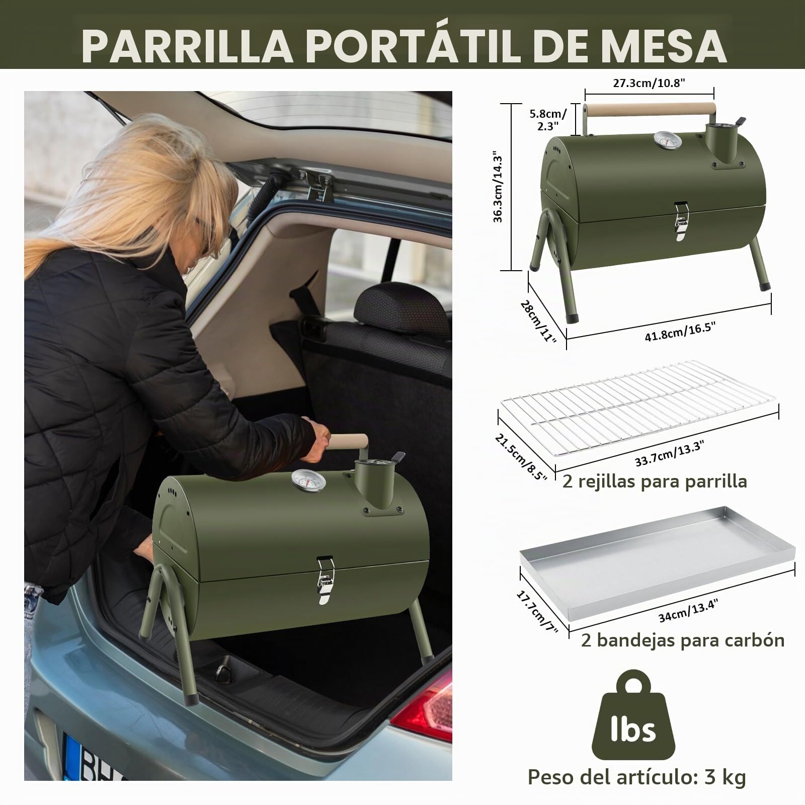 Barbacoa Carbón, Parrilla Portátil para Exterior, BBQ con Tapa, Ventilación Ajustable, Termómetro, para Acampada o Picnic, para Exterior, Terraza, verde