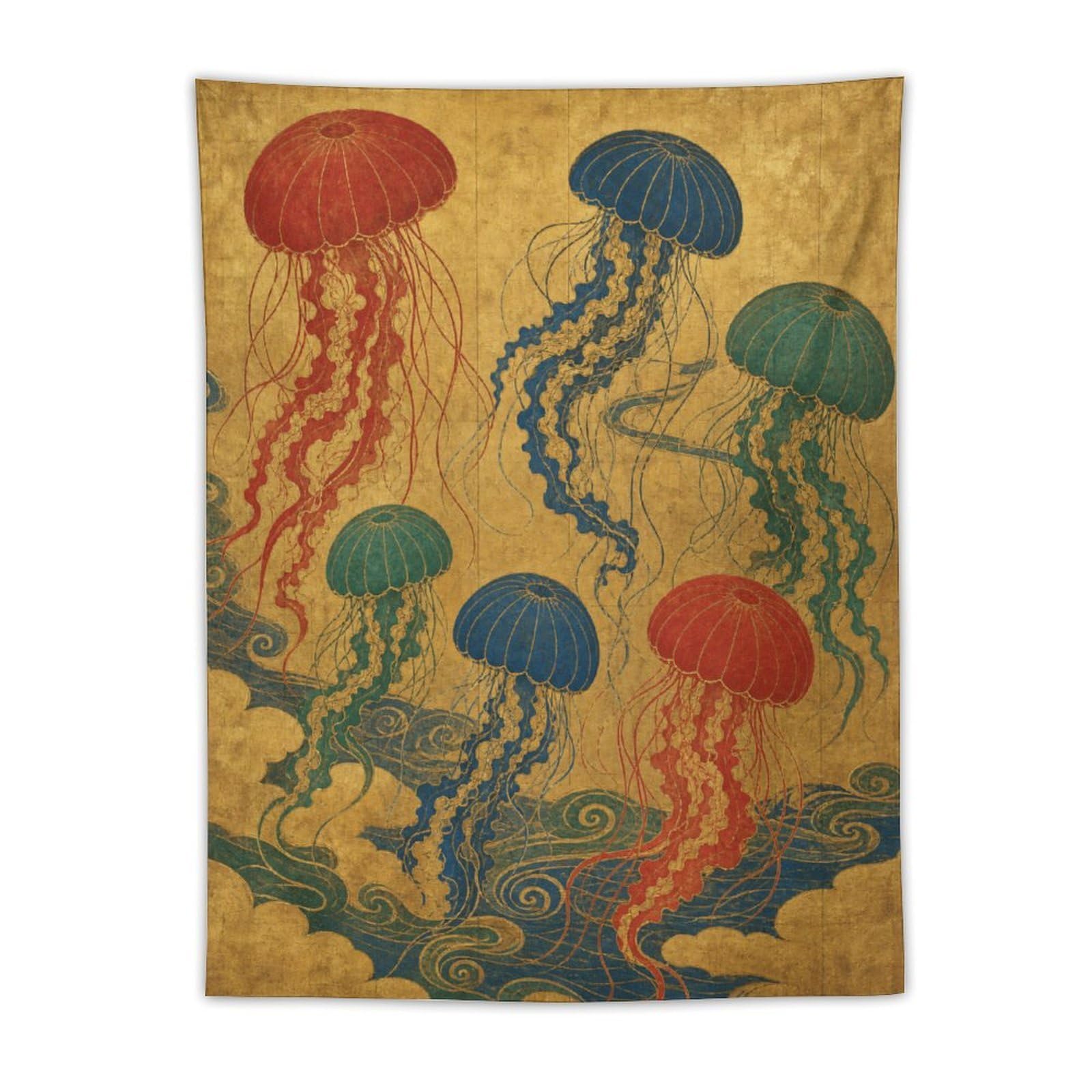 W7C8U2X3 Jellyfish Garden Wall Tapestry, Vintage Poster, Ceiling Hanging