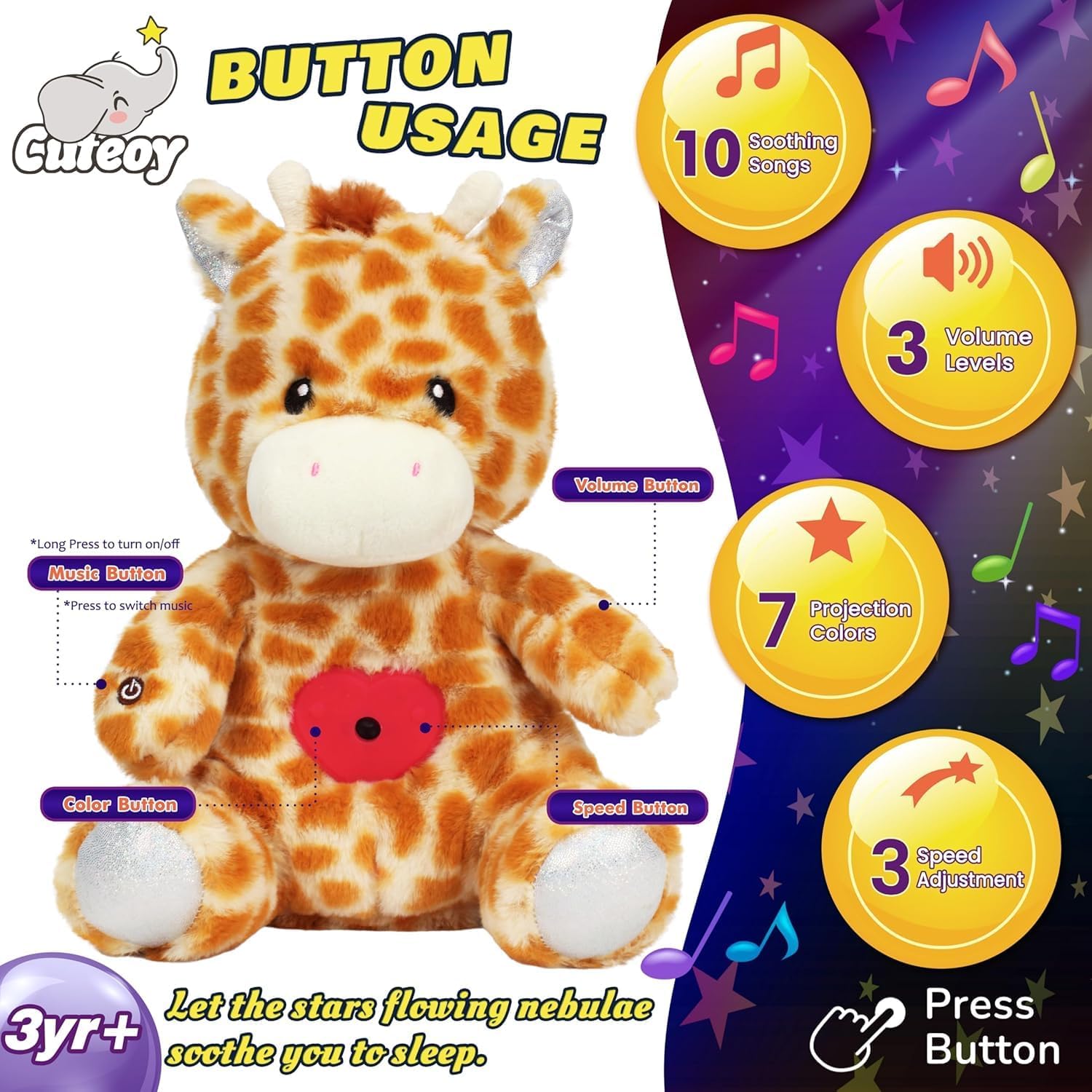 Plush Giraffe Star Projector Musical Adjustable Singing Night Light Stuffed Animals Glowing Plushies Toy Gifts for Kids Birthday Easter Christmas,12''