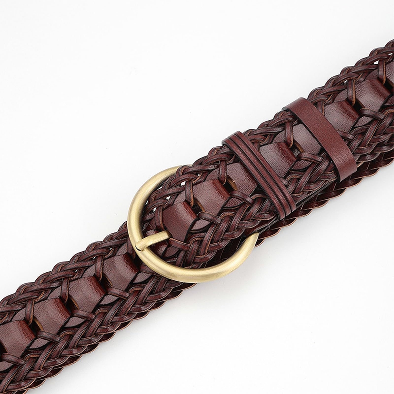 Mujer Cinturón De Piel Trenzada a Mano 3,8cm De Ancho Totalmente Ajustable Cinturones Hueca con Hebilla Redonda Dorada(110cm/43, Red)