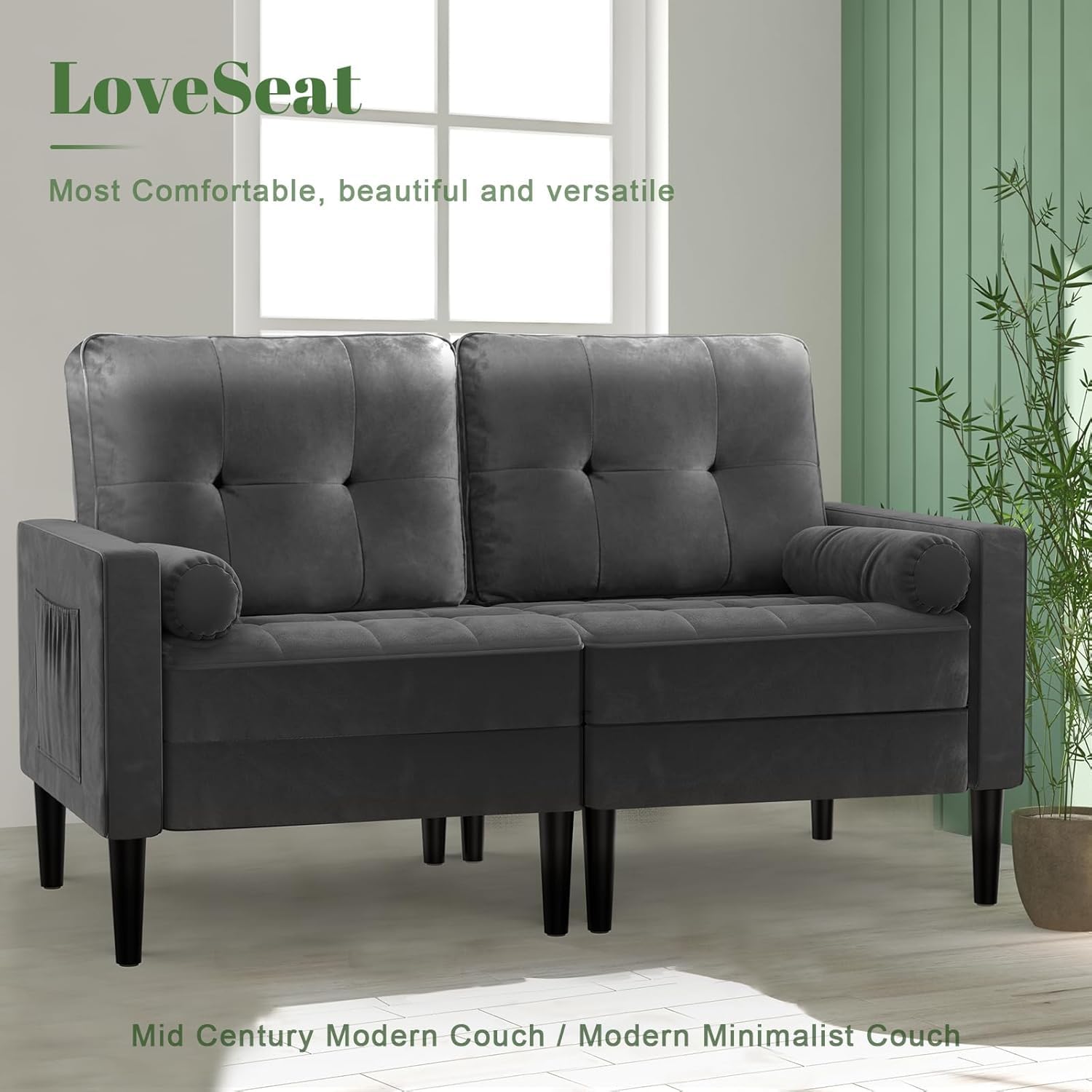 Sofá 2 Plazas, Cojín Cómodo, 2 Almohadas (Gris sólido) | Sofá Moderno de Terciopelo con 2 Almohadas y Bolsillos Laterales para Salón, Apartamento y Dormitorio, Fácil de Montar
