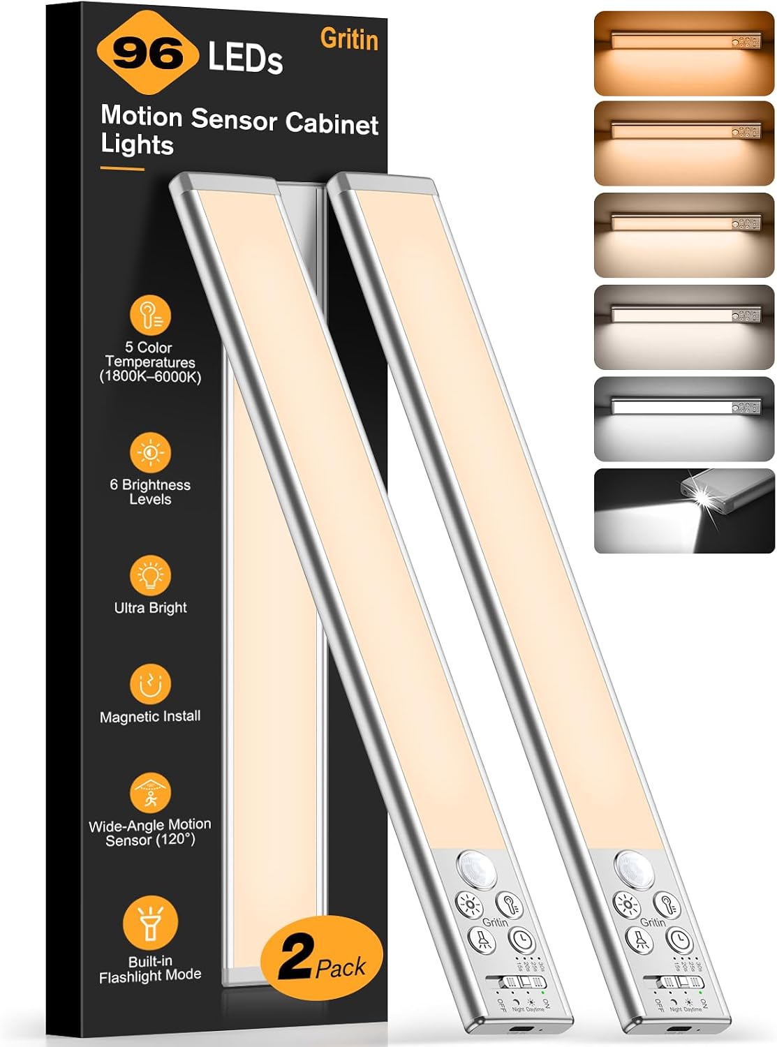 Gritin 2026 Gen 2 12.7inch Under Cabinet Lighting with Flashlight Mode | 5 Colors & 6 Brightness,Super Bright,4 Modes,Motion Sensor,Long Lasting,Easy Installation Magnetic Under Closet Lights-2 Pack