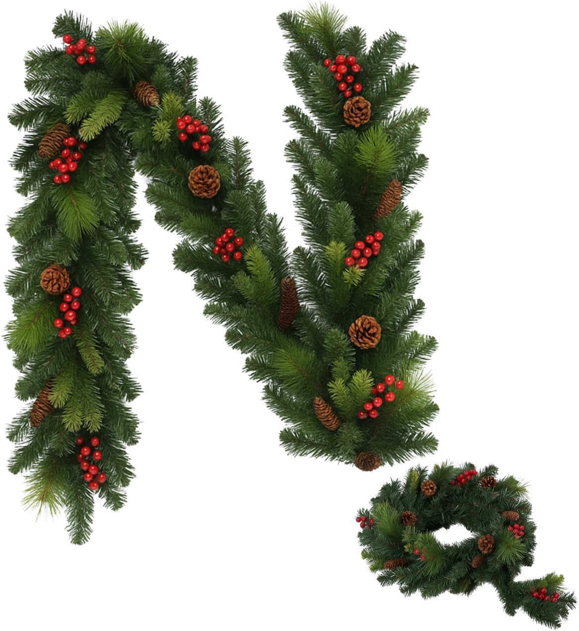 7ft Spruce & Pine Christmas Garland with Cones & Red Berries | Realistic Green Holiday Garland for Decorating Stairs, Fireplaces, Doors & Windows | Flexible, Durable Xmas Décor for Indoor & Outdoor