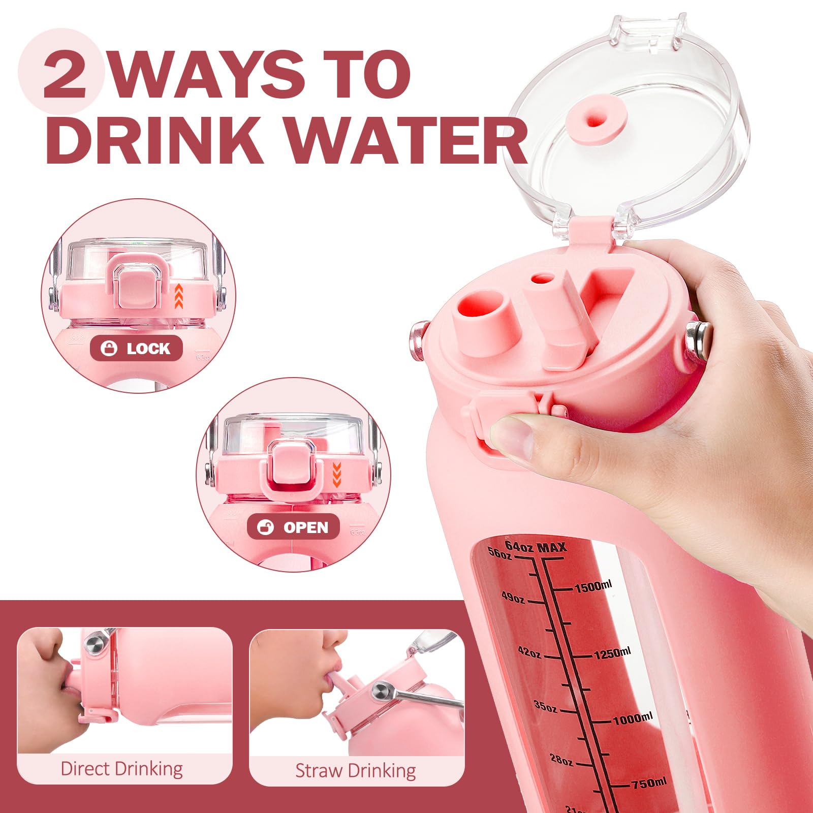 BLUEGO 2L Bottiglia d'acqua in vetro con manico in acciaio inox, manicotto in silicone e cannuccia per palestra, ufficio e sport all'aperto, senza BPA, Rosa