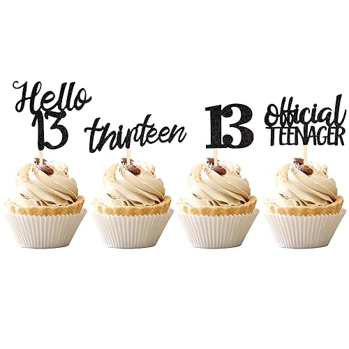 Miniatura 9 de 24 piezas de decoraciones oficiales para cupcakes de cumpleaños número 13 Hello 13 Thirteen Cupcake Picks 13th Birthday Cake Decor Supplies Black