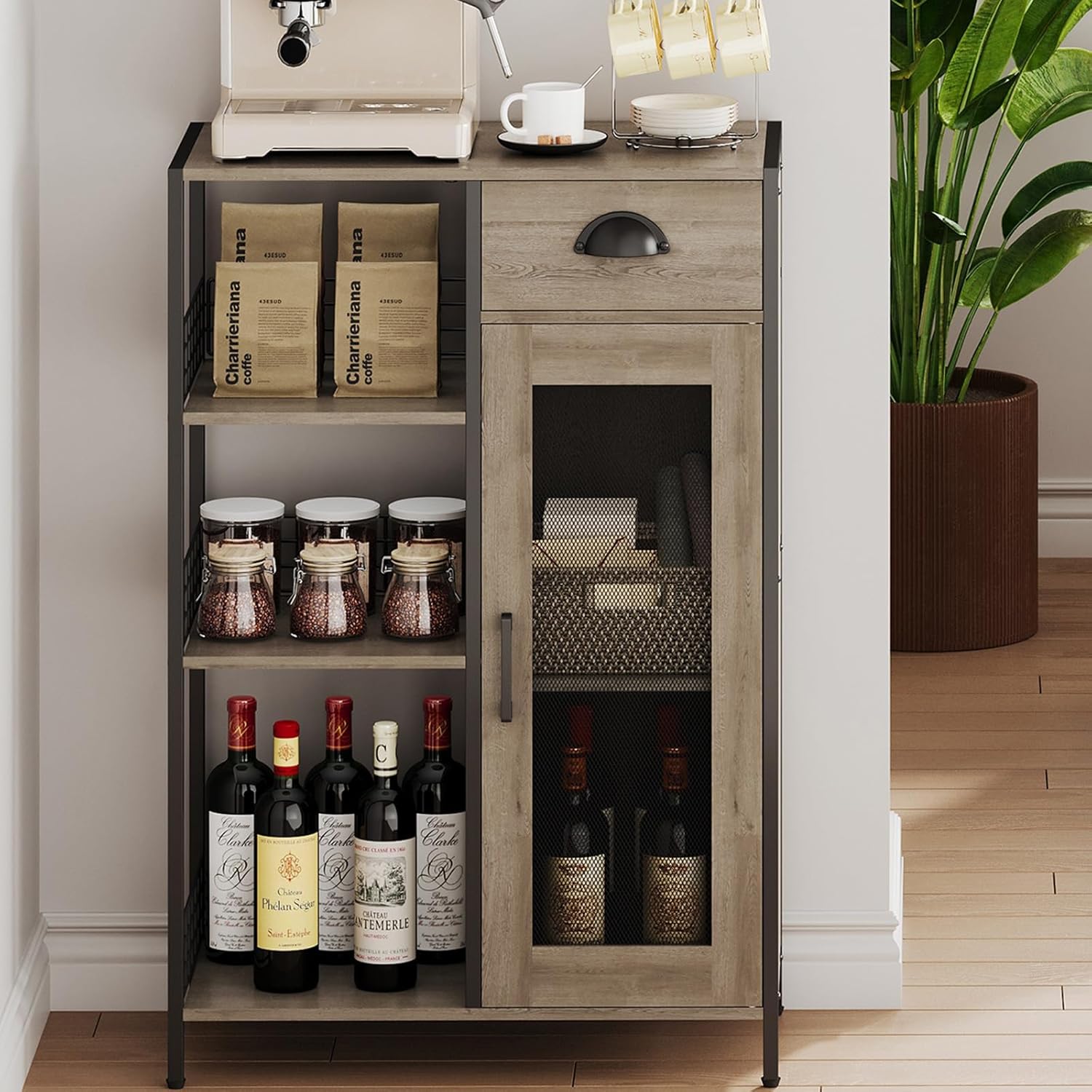 X-cosrack 3 Tier Coffee Bar Table with Storage Drawer, 35.8" H Adjustable Shelf Farmhouse Coffee Stand Station Table for Corner, Kitchen, Dining, Liquor Cabinet Rustic Wood Coffee Table-Grey