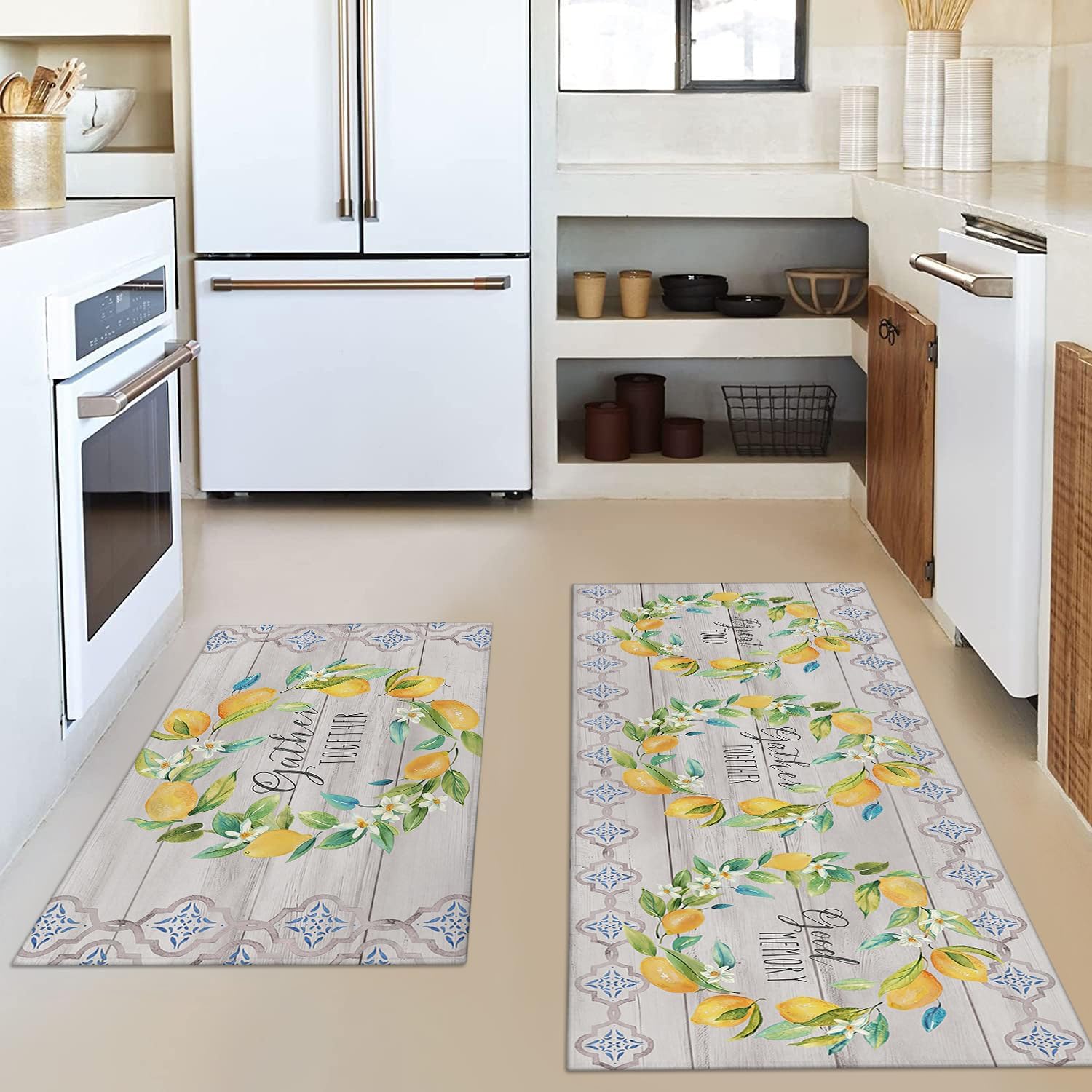Lemon Kitchen Rugs Decor Sets of 2 Non Slip Washable Farmhouse Lemon Kitchen Mats for Floor 2 Piece Country Rustic Rug Mat Set Home Decorations