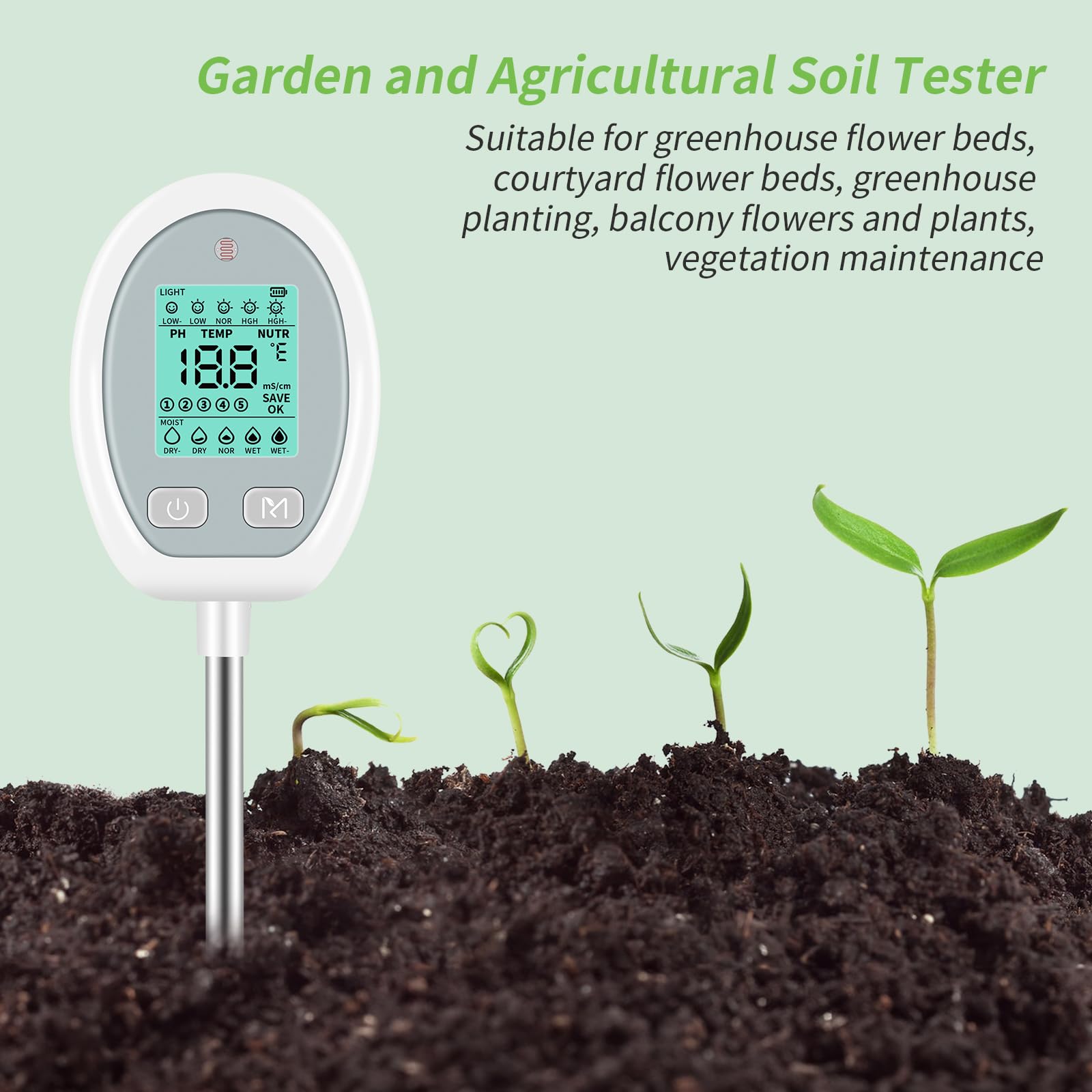 Misuratore Digitale Del Terreno 5 In 1 - PH, Umidità, Nutrienti, Temperatura E Luce - Per Piante, Giardino, Fattoria