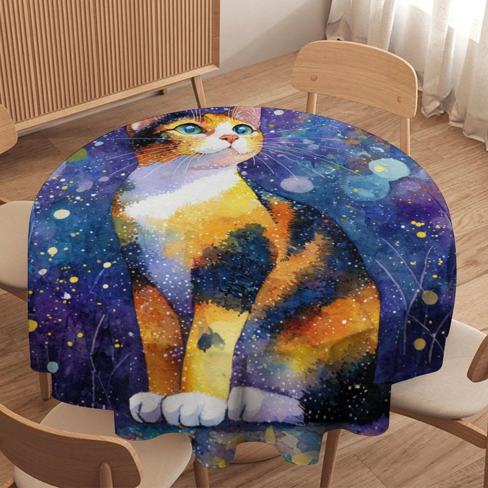 LUYYSKY Cute Watercolor Animal Kitten Waterproof Round Tablecloth Funny Realistic Outer Space Galaxy Animal Cat Print Washable Table Cover for Kitchen-177.8" Wx177.8 L cm