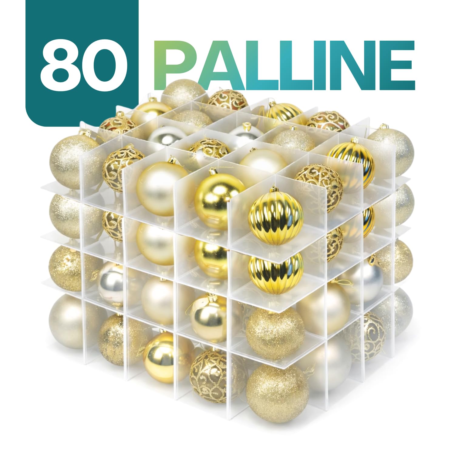 PALUPLUS Scatola Porta Palline di Natale, Misura 43x35x35 cm, fino a 80 Scomparti Modulabili, Contenitore Organizer con Cerniera e Maniglie, Custodia Impermeabile, Box per Addobbi Natalizi -7977C