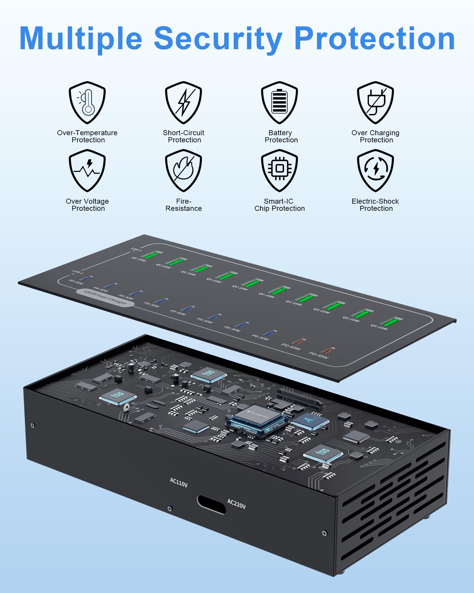 Estación de carga USB de 430 W, estación de carga rápida de 20 puertos para múltiples dispositivos, multiprotocolo PD3.0/QC4.0, fuente de alimentación inteligente y protección contra sobrecarga para