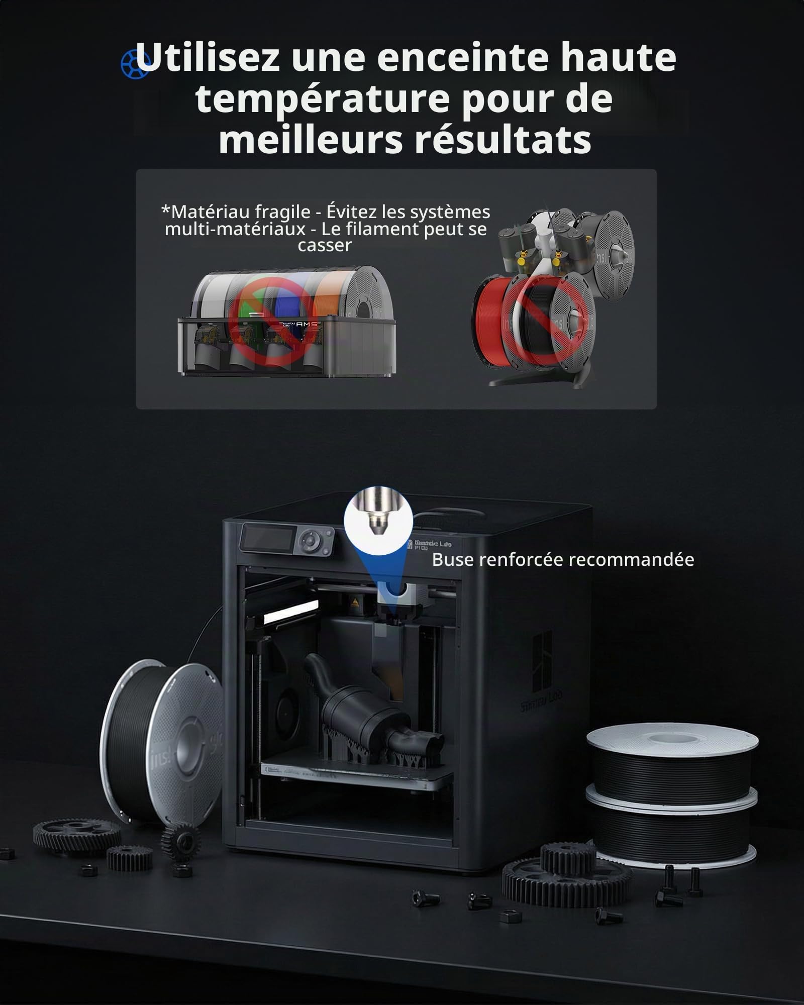 Inslogic Préchauffé PA6-CF Fibre de Carbone Nylon Filament 1.75mm, Noir PA6-CF 20% fibre de carbone, Haute Résistance Filament d'Impression 3D pour Outils Industriels, 1kg