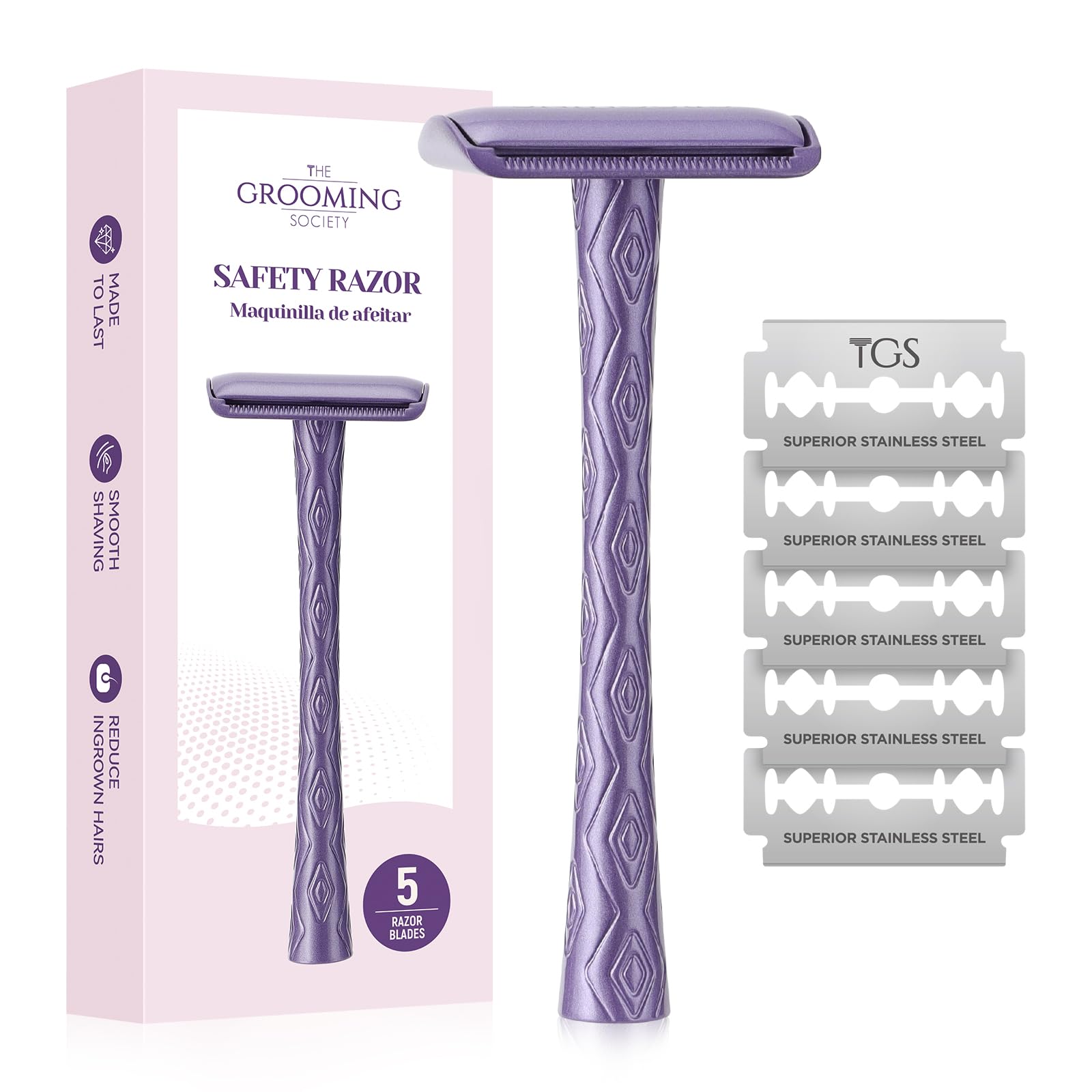 Double Edge Safety Razor for Women& Men, Metal Razor with 5 Replacement Razor Blades, Single Blade Razors for Women, Textured Grip, Plastic Free, Purple