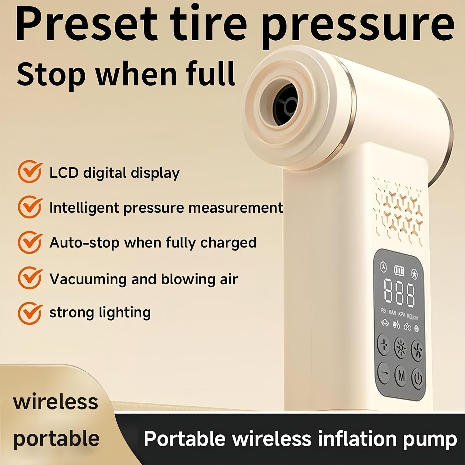 5-in-1 Cordless Car Vacuum and Tire Inflator with Digital Gauge LED Light, Rechargeable 150PSI/10.5Bar Auto-Stop Air Pump, Suction, Blowing, Inflatable, Brushing, Lighting 5 in 1 (Black)