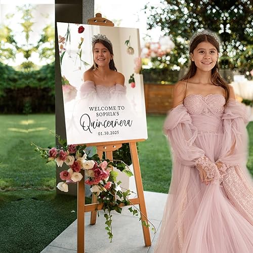 Miniatura 3 de Andaz Press Letrero de bienvenida de quinceañera grande personalizado, blanco con fuente negra, 16 x 20 pulgadas, lienzo premontado para fotos de