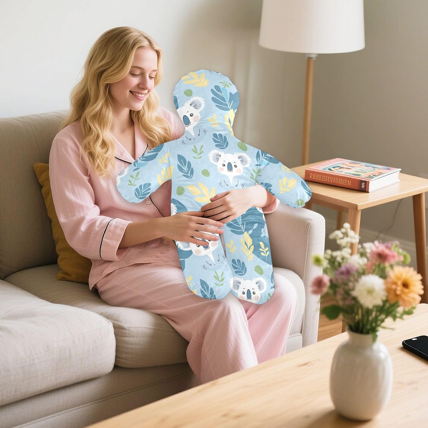 Koala and Leaves Human-Shaped Pillow Soft Body Pillows Washable Velvet Pillows for Anxiety Relief Sleeping Cuddling & Support