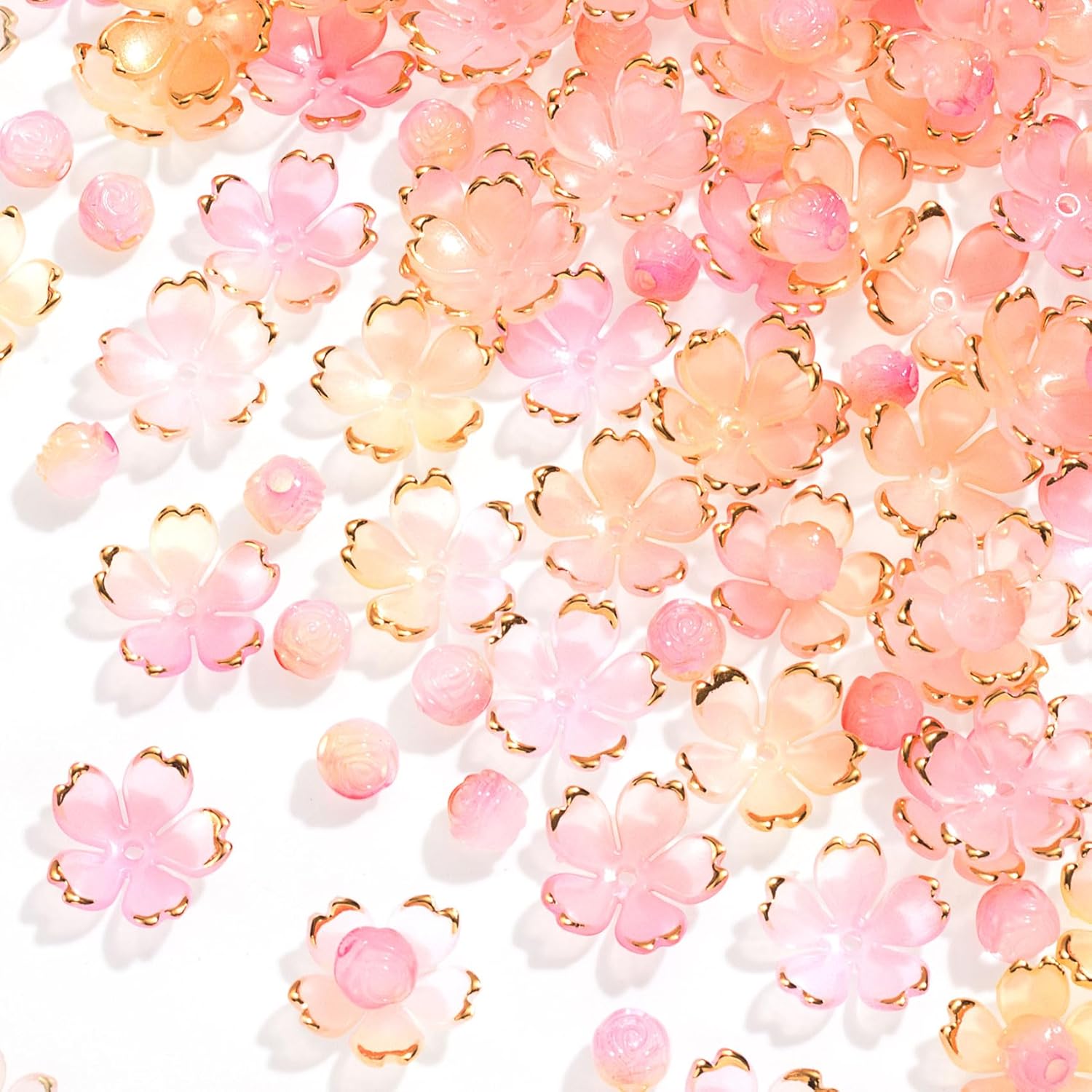 200Pcs Pink Gradient Flower Beads, Mini Cherry Blossom Acrylic Beads with Round Ball Charm, Gold-Plated Spacer Charm Valentines Wedding Decoration for Bracelets Necklace Jewelry Making