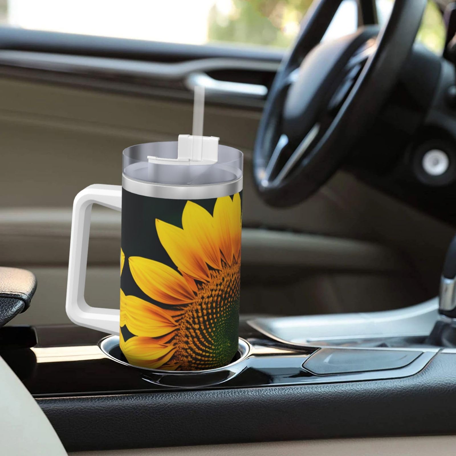 Wasserflasche mit Sonnenblumenmuster, Edelstahl, doppelwandig, isoliert, mit Griff und Strohhalm-Deckel, 1,2 l