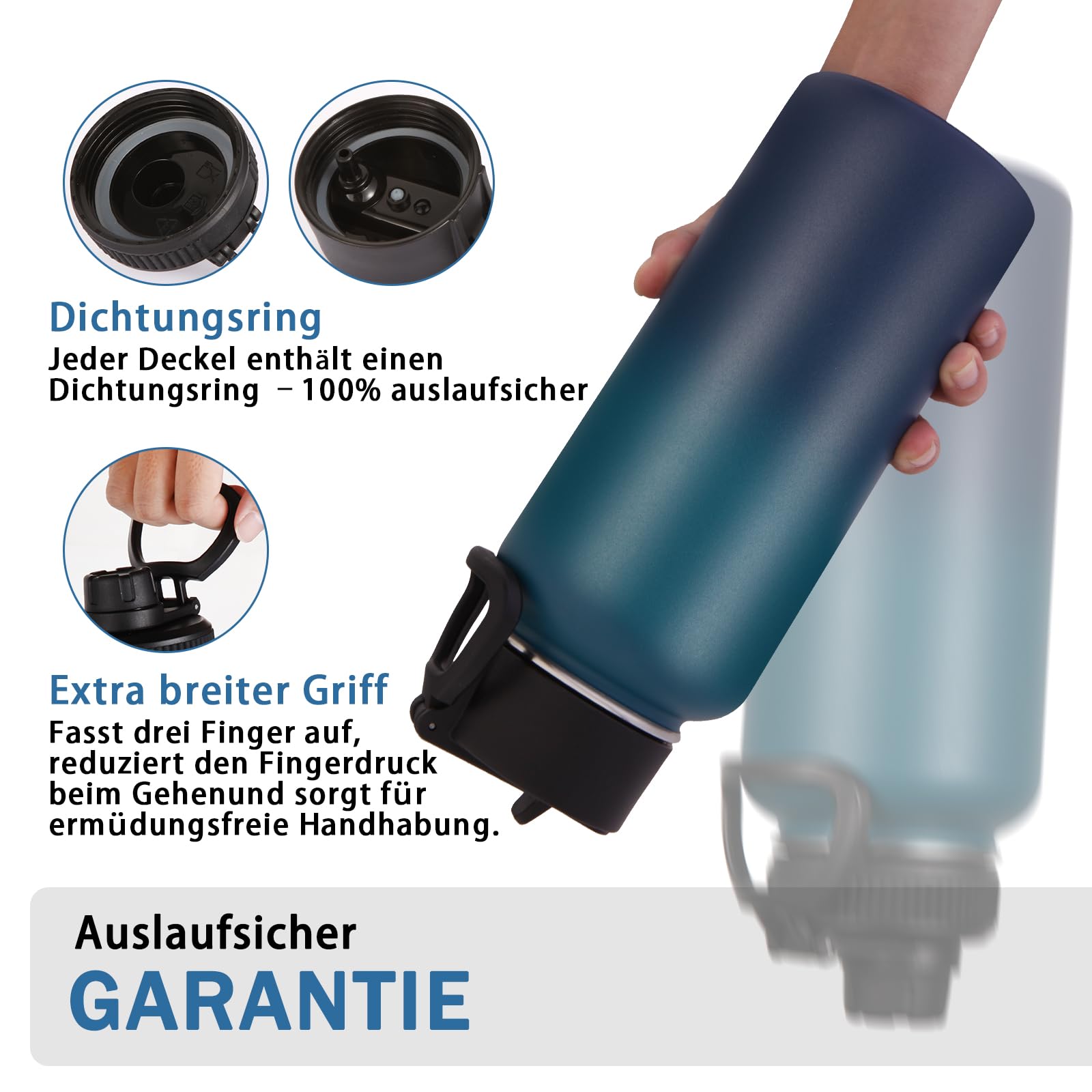 Volhoply 1000ml Trinkflasche Edelstahl, 1 Liter vakuumisolierte doppelwandige Thermosflasche mit Strohhalm und Griff, inkl. 2 Deckeln, BPA-frei Isolierflasche für Outdoor Sport(Nachtschwarz,4er-Set)