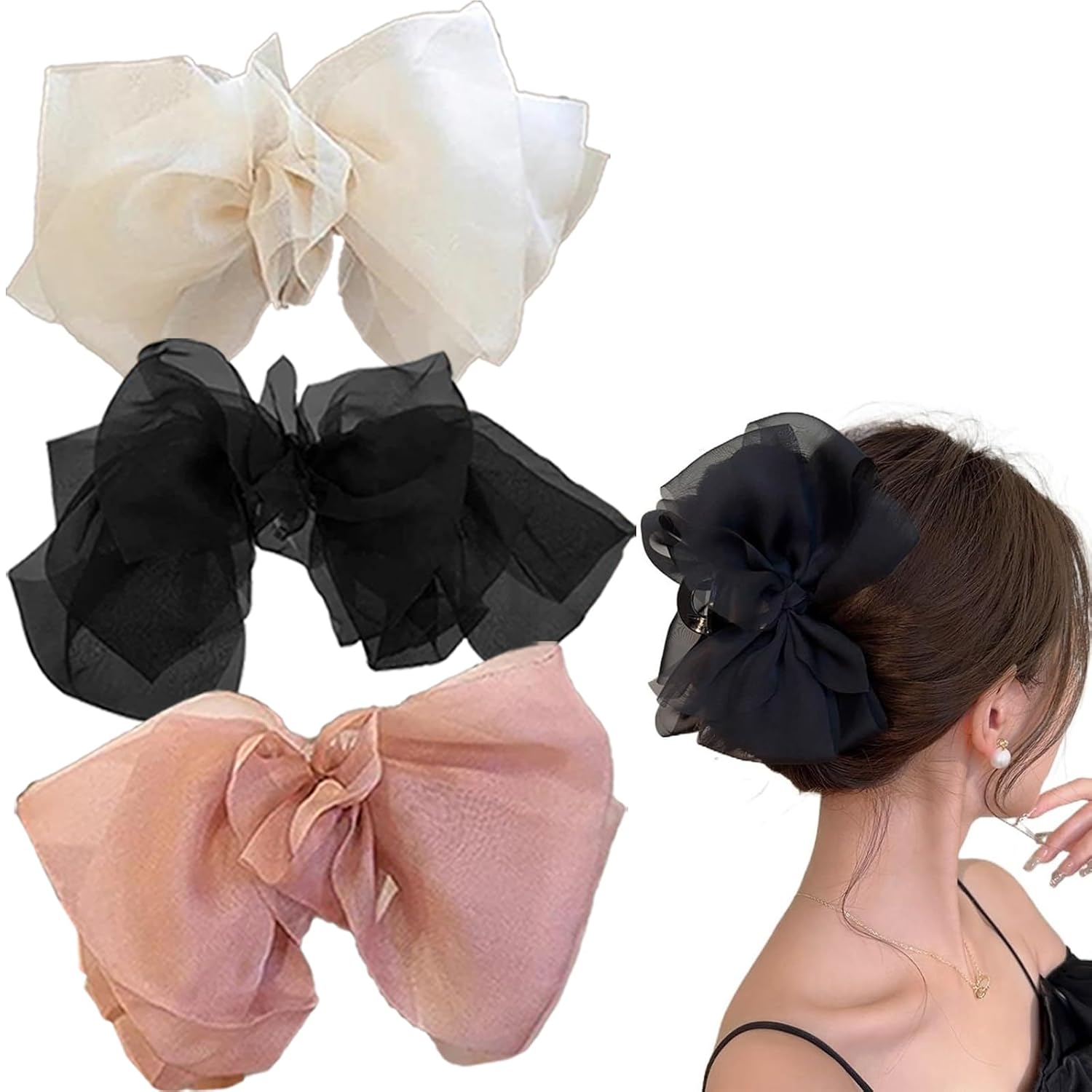 3-Piece Bow Hair Clips for Women, Chiffon Bow Clips for Hair, Elegant Hair Accessories for Women and Girls, Stylish Hair Bow Ties for Various Occasions,claw clip,Cute headband
