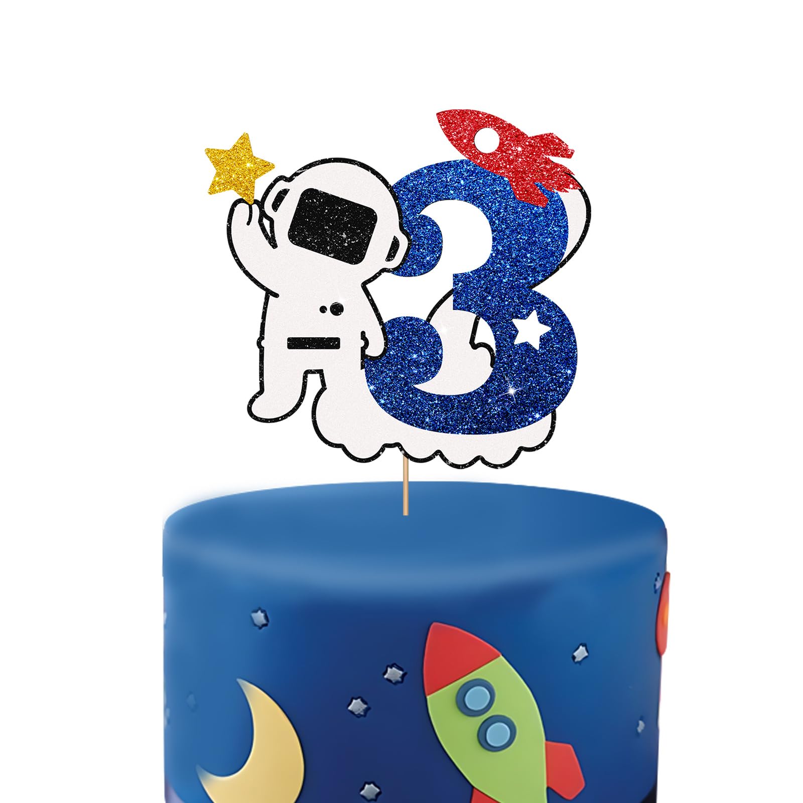 Outer Space 3rd Birthday Cake Topper, Blue Glitter Astronauts Three Cake Topper, Rocket Outer Space Birthday Cake Topper for Boys, Outer Space Themed 3rd Anniversary Party Decoration