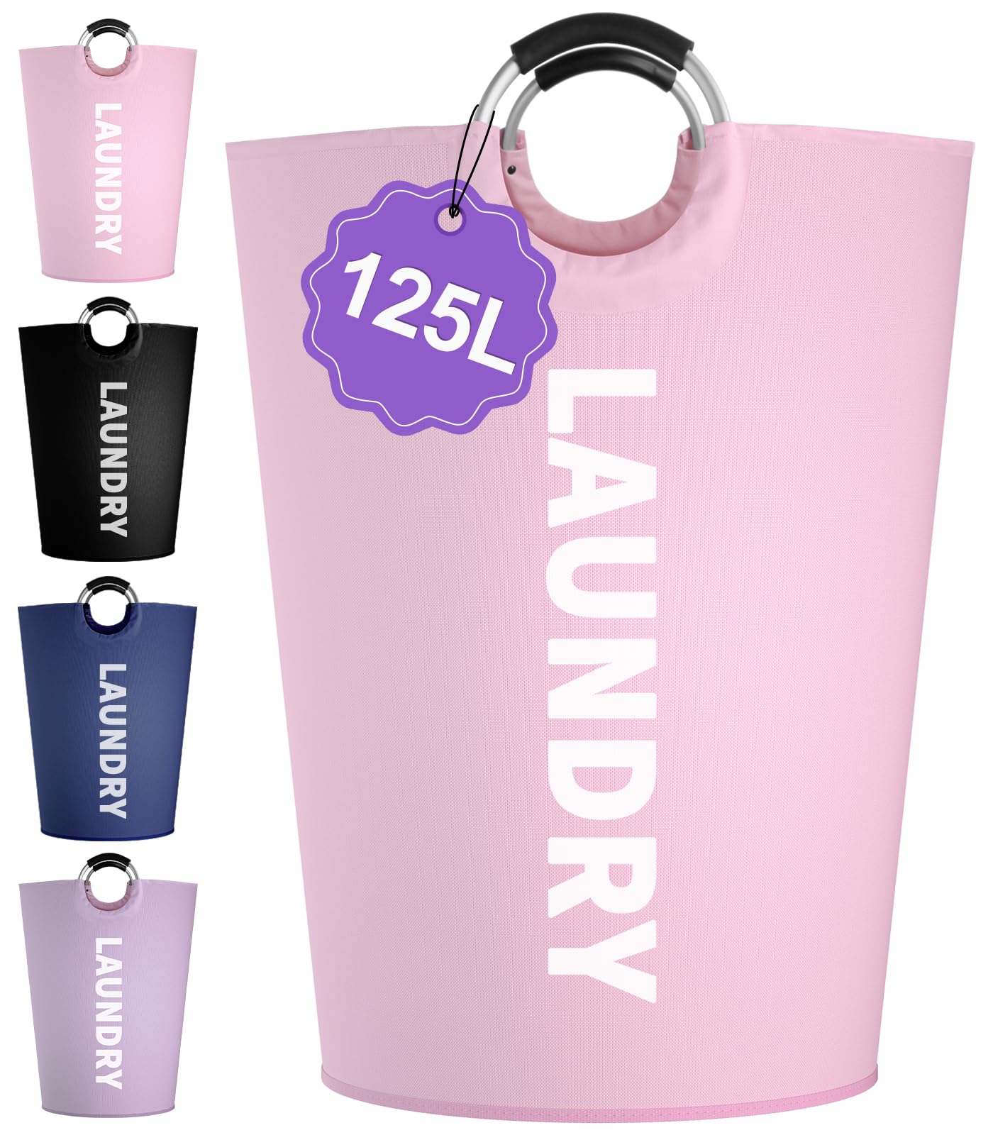 125L Pink Laundry Basket, Extra Large Clothes Basket with Handles, Waterproof Dirty Clothes Hamper, Collapsible Laundry Bin Stand Upright, Sturdy Storage Basket for Bathroom, Flat, Pink