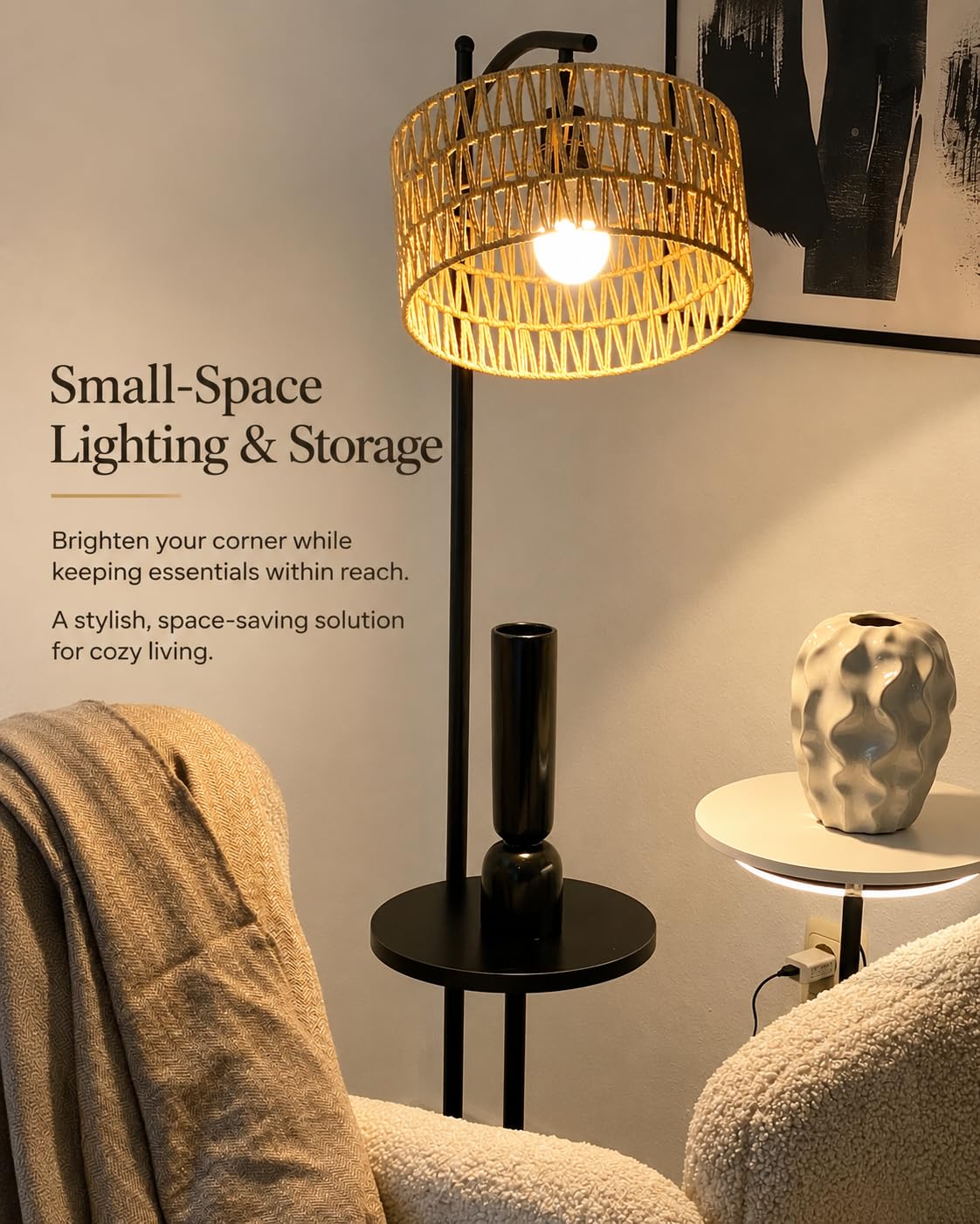 Lampadaire Vintage avec Étagères Noir Métal Rotin Boho Hauteur réglable 152-176cm Douille E27 Câble 2m