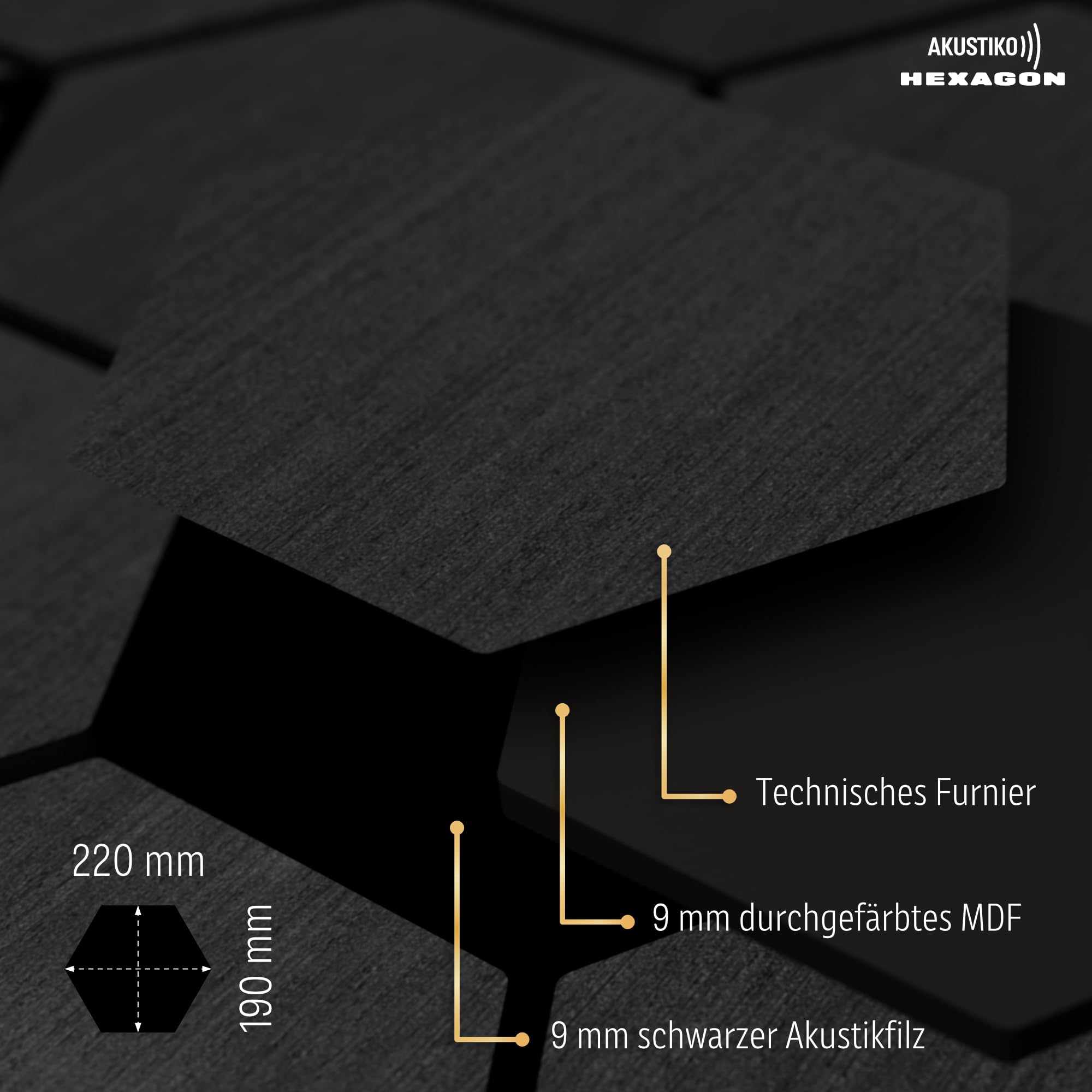 Akustiko Hexagon 3D paneles acústicos pared, 3 uds., 567 x 693 mm, fieltro MDF, chapa efecto madera, para la decoración moderna de paredes decoración para estudio, (Black Oak)