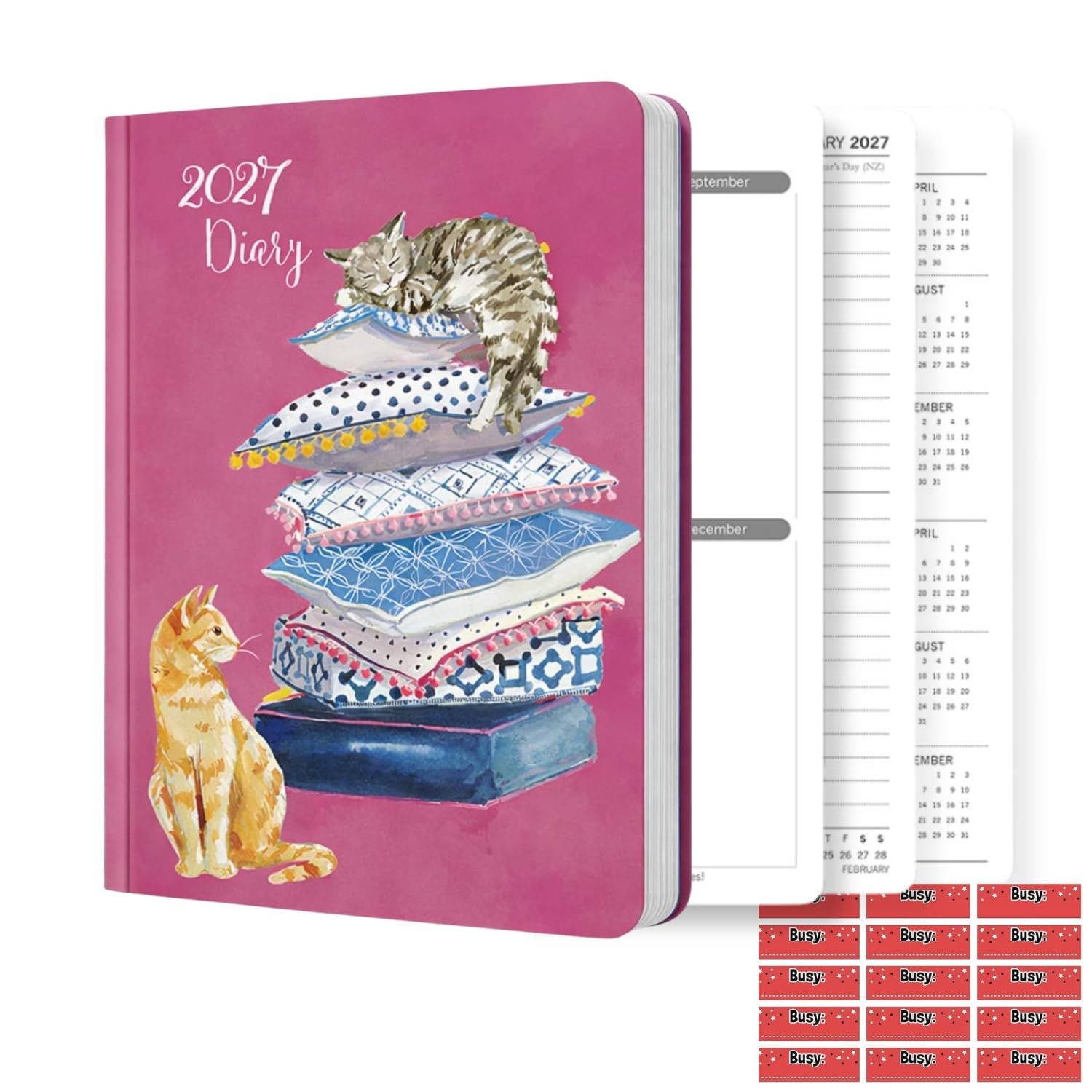 The Gifted Stationery Co. Ltd. TGSC Cat Lovers 2027 A5 Diary with Organisational Stickers, Week to View Hardback Planner, Journal Notebook with Ribbon Marker for Men and Women, 160 Pages, 217 x 153mm