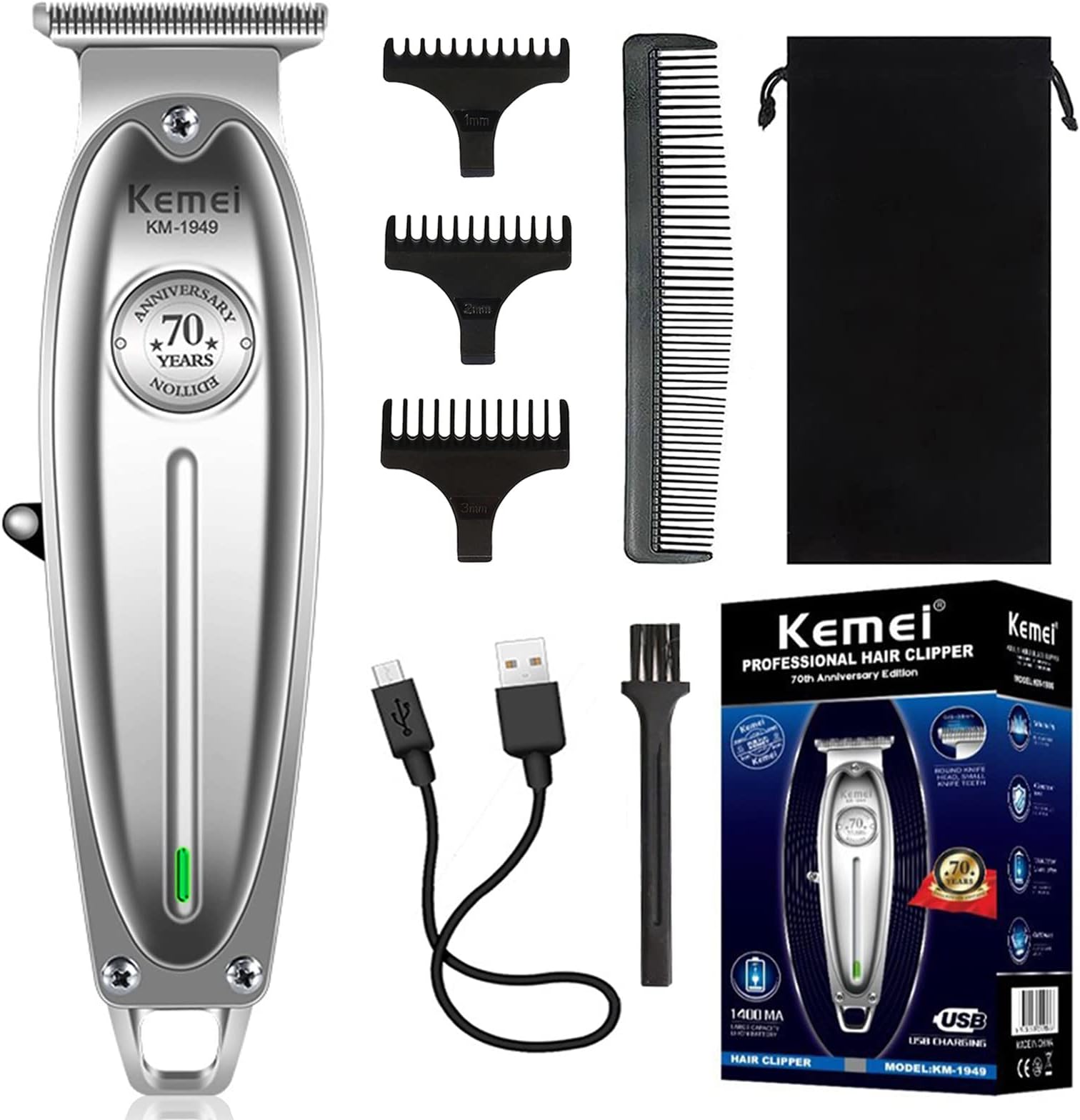1949 Trimmer Professional Hair Clippers for Men Zero Gap Electric Cordless Beard/Hair Trimmer Rechargeable T-Blade Haircut Machine for Stylists and Barbers Grooming Kit, Silver