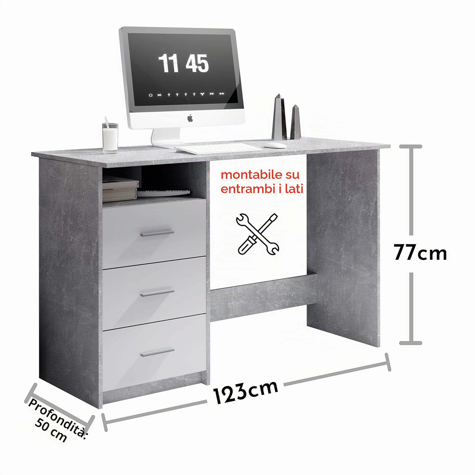 Stella Trading Adria cassetti Effetto, Pratica scrivania da Ufficio per Computer con Grande Superficie di Lavoro, Legno ingegnerizzato, Cemento/Bianco, 120 x 76 x 50 cm