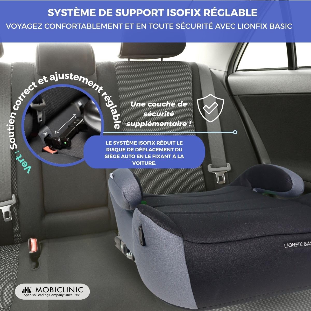 Mobiclinic®, Rehausseur Voiture Enfant, ISOFIX Réglable, I-Size ECE R129, Porte-Bouteille Amovible, 125-150 cm, Housse Amovible et Lavable, 22 à 36 kg, Accoudoirs Rembourrés, Lionfix Basic