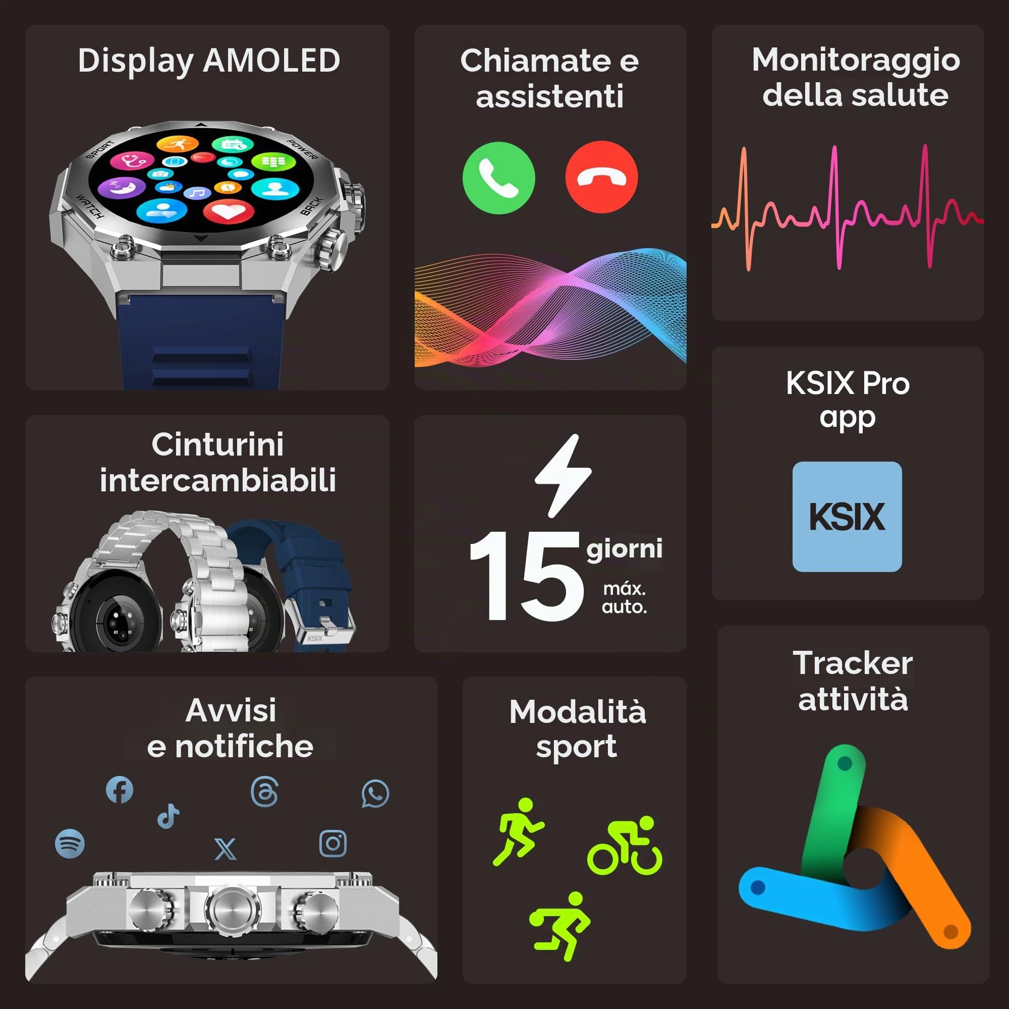 Ksix Titanium Smartwatch da uomo, orologio sportivo, chiamate e notifiche, cinturino in acciaio e silicone, display AMOLED, monitoraggio della salute e dello sport, assistenti vocali, autonomia 5