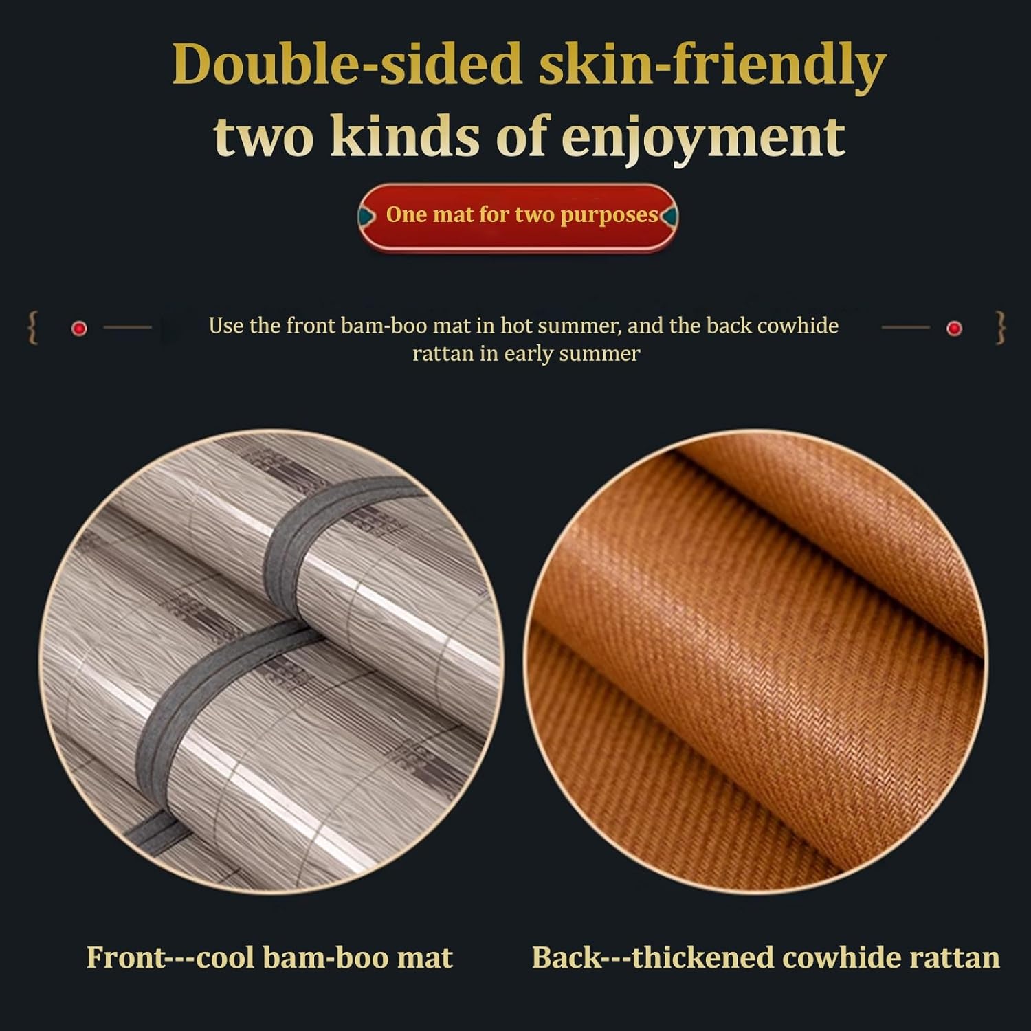 Fo-ldable Double Sided Bam-Boo Mat for Bed,Summer Sleeping Folding Mattress,Single Mattress Topper Twin Queen Cool Cooling Pad Breathable Mat(1.5x2.0m)