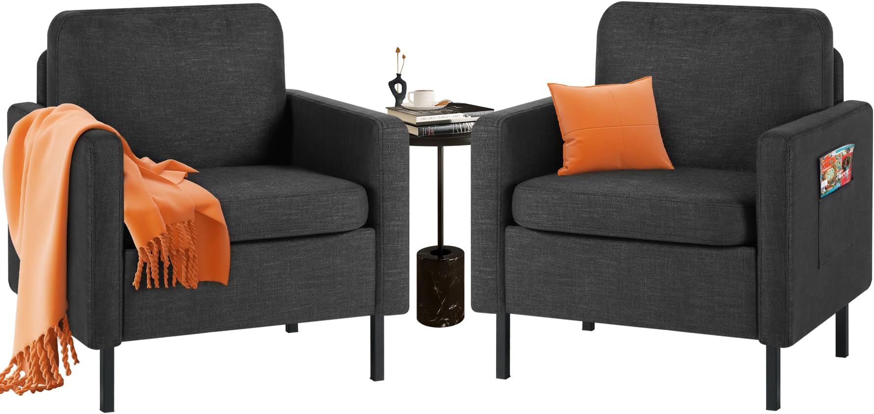 STHOUYN Fabric Comfy Small Accent Chair Set of 2 Living Room Bedroom Chairs, Reading Arm Chair for Adults, Suitable Small Spaces Office Couch, Dark Grey (2, Dark Grey)