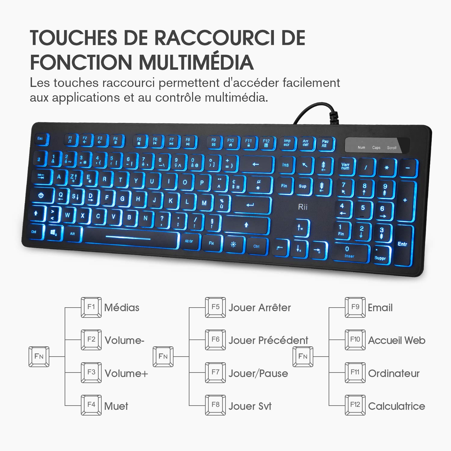 Rii RK105 Ensemble Clavier et Souris USB Rétroéclairé RGB pour Bureau de Domicile/Travail