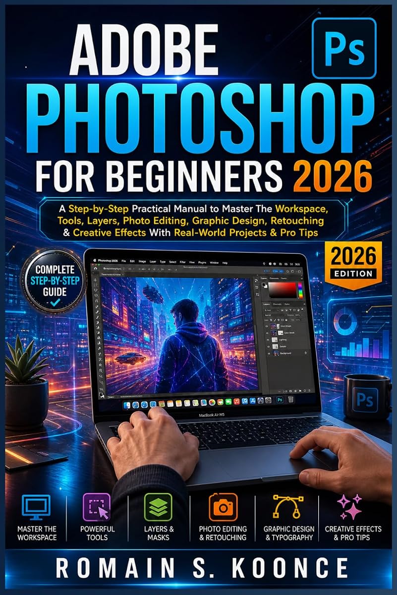 ADOBE PHOTOSHOP FOR BEGINNERS 2026: A Step-by-Step Practical Manual to Master The Workspace Tools Layer Photo Editing Graphic Design Retouching & Creative Effects With Real-World Projects & Pro Tips