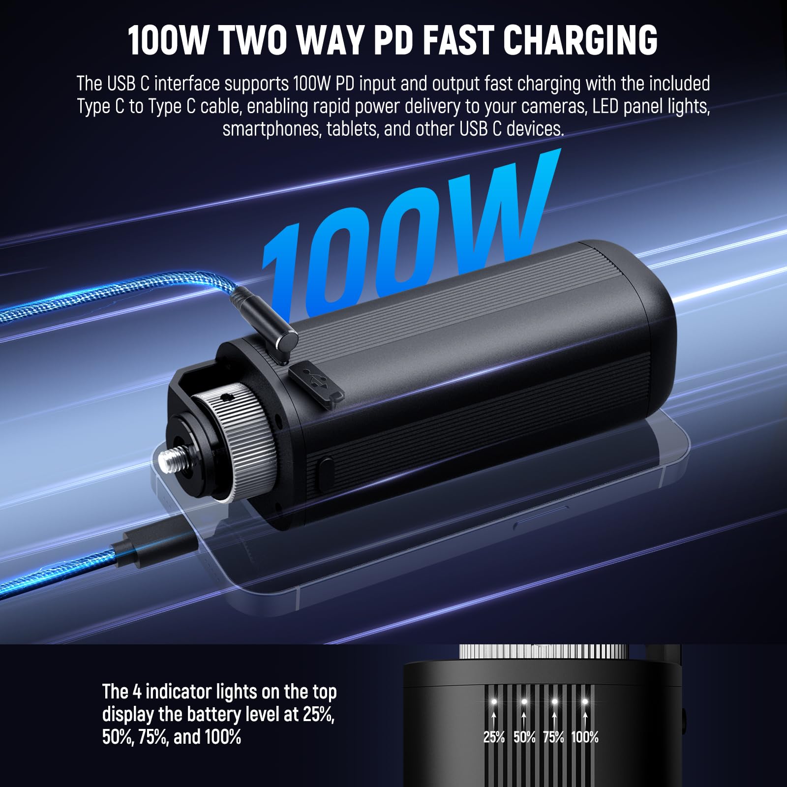 NEEWER BASICS Alimentation de Lampe Vidéo Portable COB HS60B, 5000mAh 74Wh 100W PD Charge Rapide 14,8V/10A Sortie DC, Support de Photographie Portable pour Enregistrement Vidéo en Extérieur, PH74E