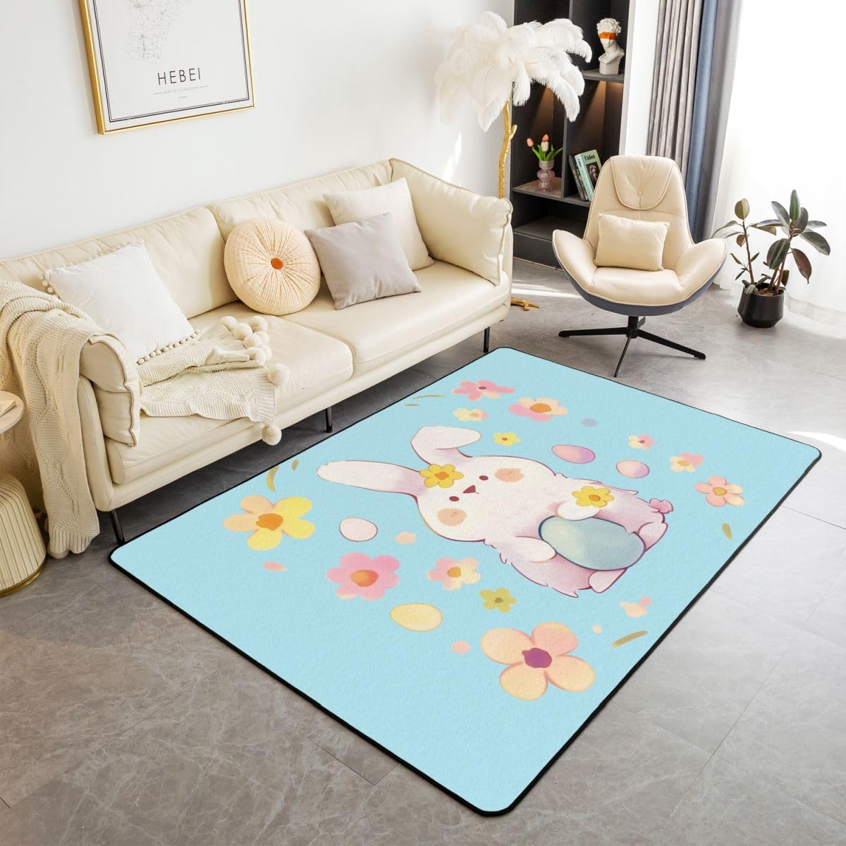 Homewish Alfombra de área Happy Easter de 150 x 200 cm, diseño de conejo con estampado de animales, para sala de estar, flores de huevo, no se desprende, alfombra grande