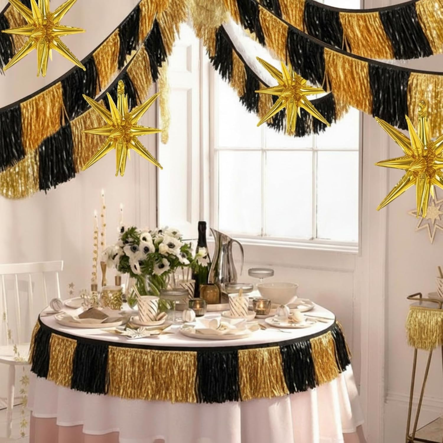 40 Pcs Graduation Party Decoration Black Gold Metallic Tinsel Star Balloon Set 9.8 ft Tinsel Streamers Foil Fringe Curtain Garland for Graduation 1920s Theme Birthday Party Decoration