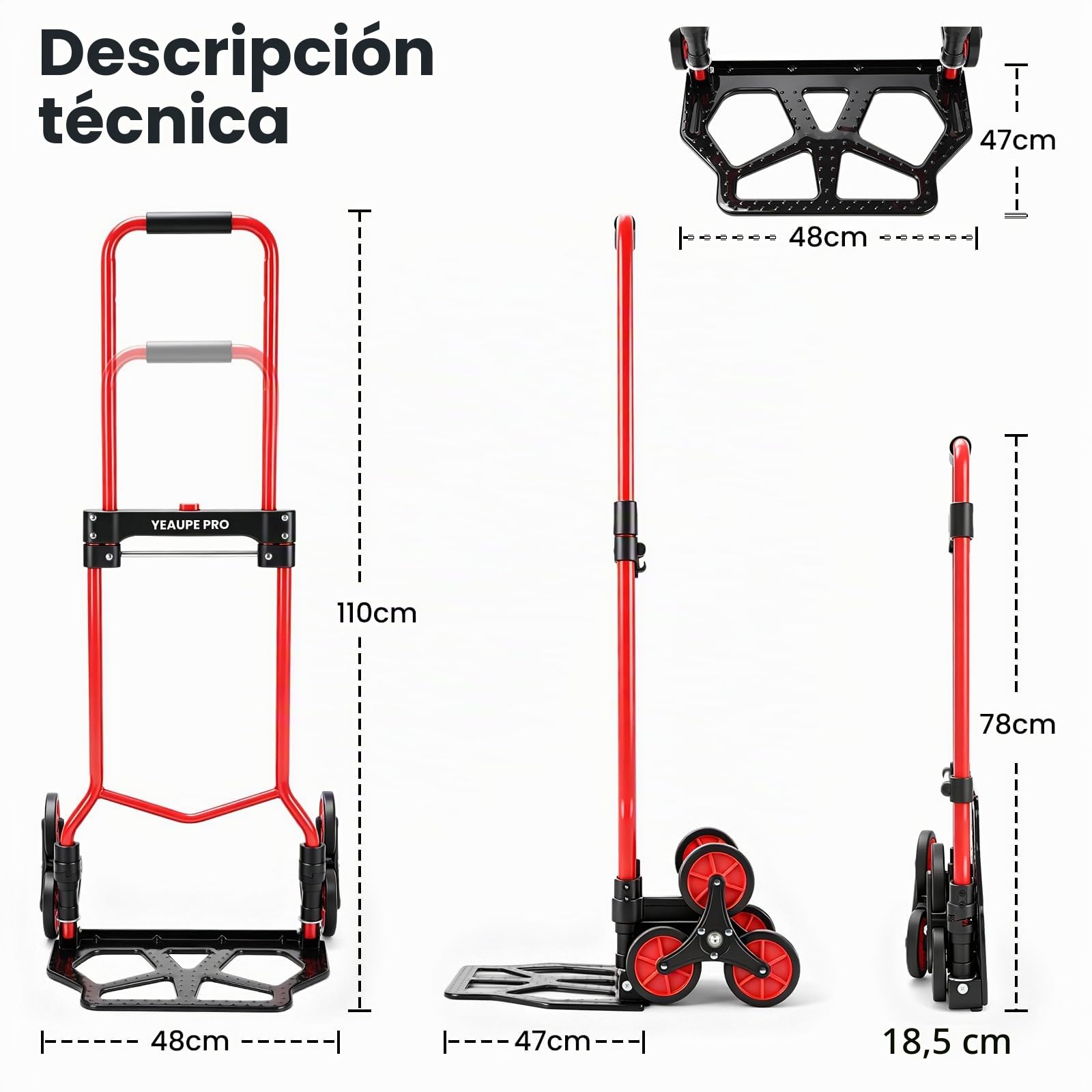 YEAUPE PRO Carretilla de Mano Plegable Escaleras 50 kg Rojo | Ruedas TPR grandes, mango telescópico regulable y 2 cuerdas incluidas para subir escaleras, mudanzas y transporte