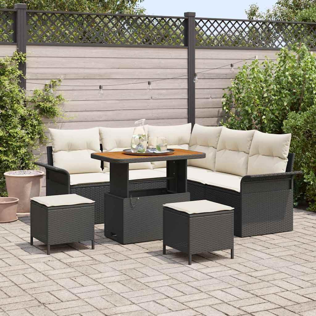 Juego de 8 sofás de jardín de polirratán, color negro, madera de acacia, mesa ajustable, resistente a los rayos UV, resistente a la intemperie, para terraza y balcón, 7 plazas