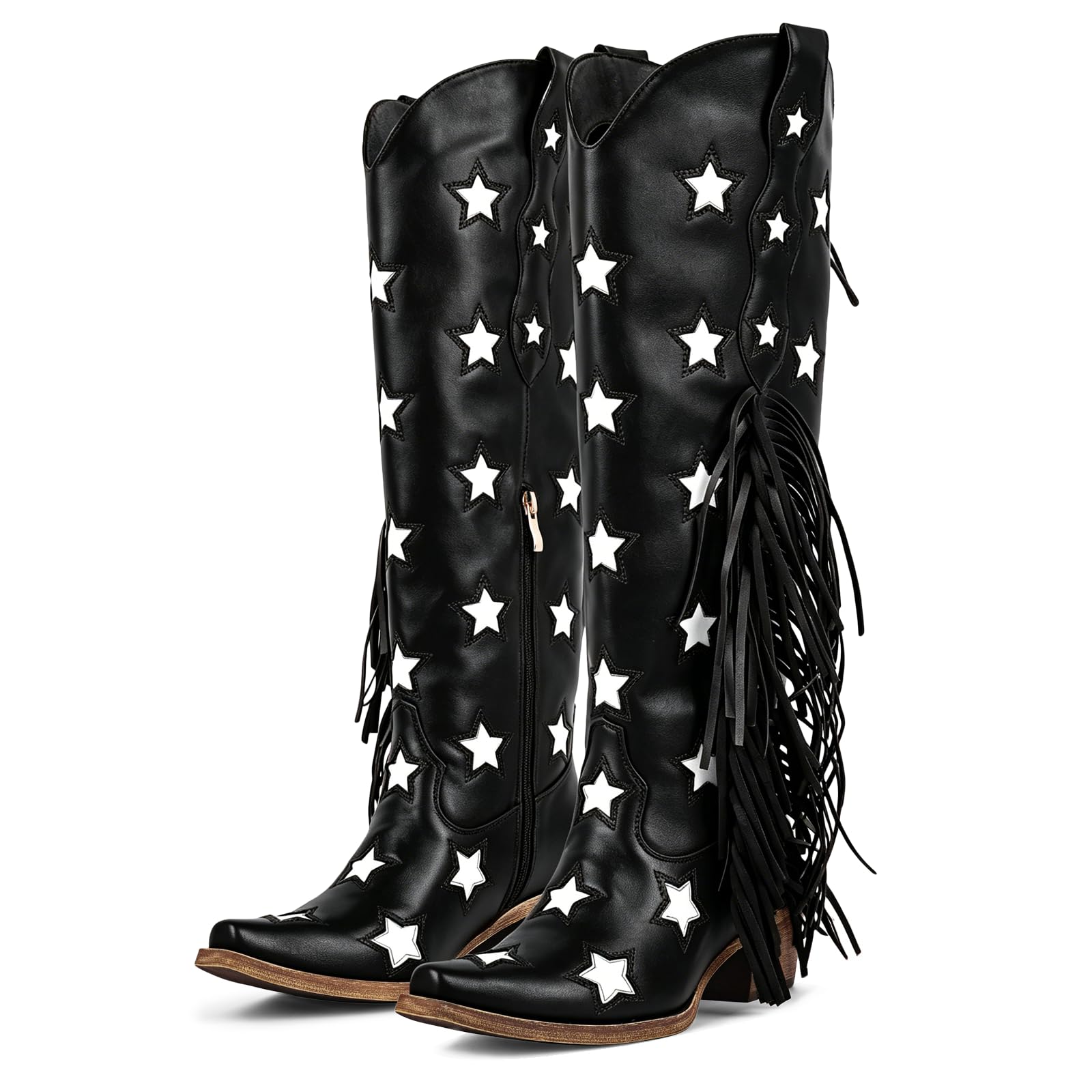richealnini Western Thigh High Cowboy Boots with Fringe Over Knee Wide Calf Cowgirl Boots