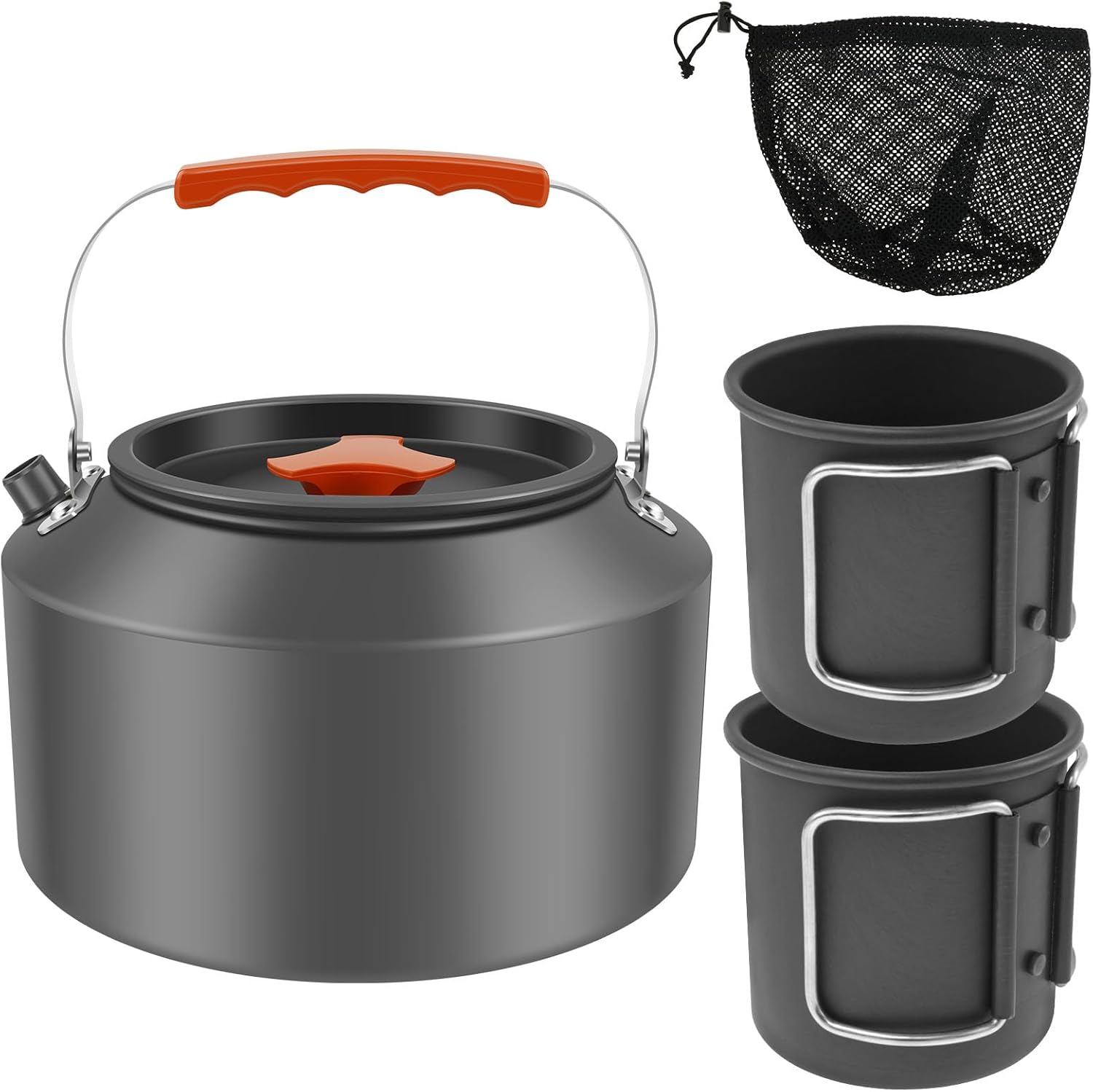 2.5L Camping Kettle Heat Evenly Camp Kettle Sturdy Rustproof Camping Coffee Pot Lightweight Portable Camping Kettle with 2 Cups for Outdoor Camping Hiking Picnic(Style 1)