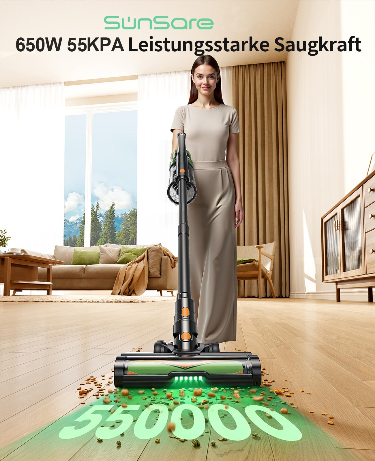 SunSare Akku Staubsauger Kabellos 70Min/650W/55000Pa, Akkustaubsauger mit 1M Schlauch, Aromatherapie, Anti Haar Wrap, Ultraleise kabelloser Staubsauger für Tierhaare/Teppiche/Hartböden/Auto