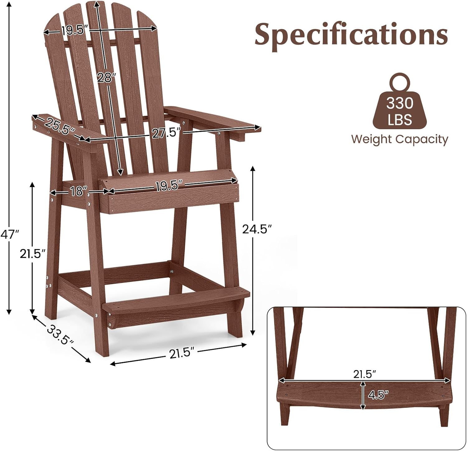 Tangkula Outdoor Bar Stool, HDPE Tall Adirondack Chair with Armrest & Footrest, Weather Resistant 47 Inch Counter Height Barstool Lifeguard Chair for Pool Deck Patio Garden, Balcony Chairs (1, Coffee)