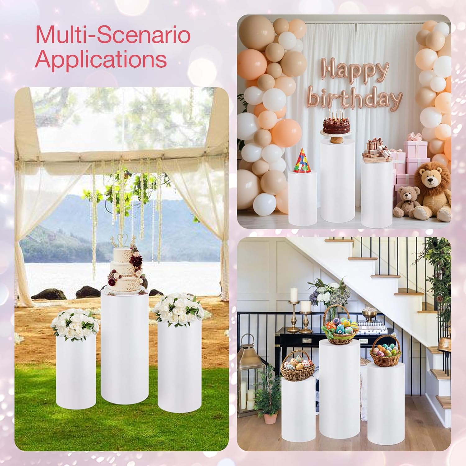 FAHKNS 3PCS Cylinder Stands for Party White Round Cylinder Plinths Dessert Table Display Pillars for Wedding Birthday Party Decor, 35.4''(L) 29.5''(M) 23.6''(S)