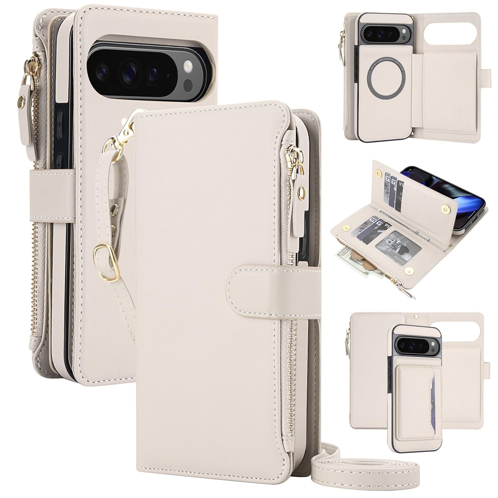 Generic Funda compatible con Google Pixel 9 Pro XL (color: albaricoque) funda de piel extraíble con correa para el hombro